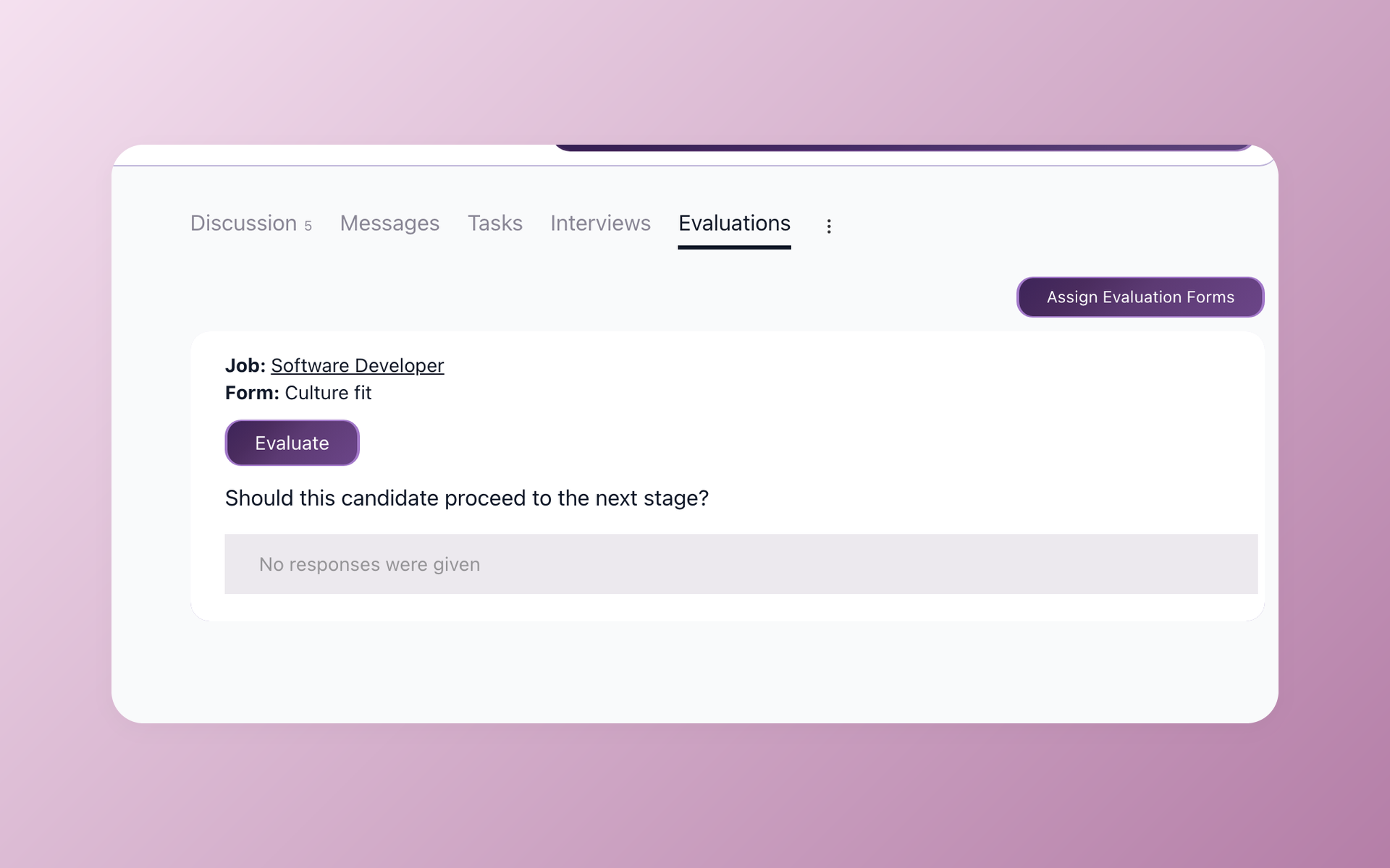 100Hires Evaluation Forms tab with an assigned Culture fit scorecard for a candidate