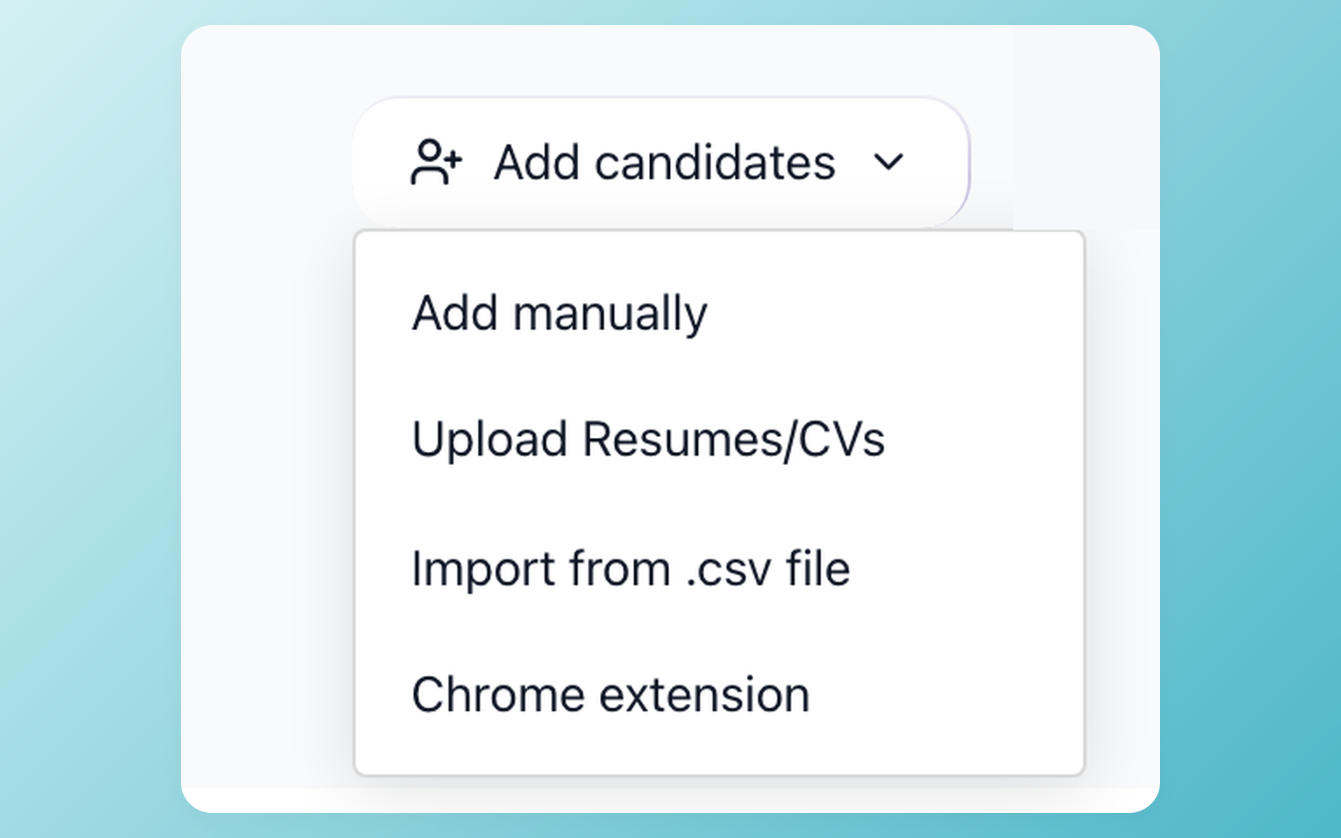 100Hires Add candidates menu with the self-service CSV import option