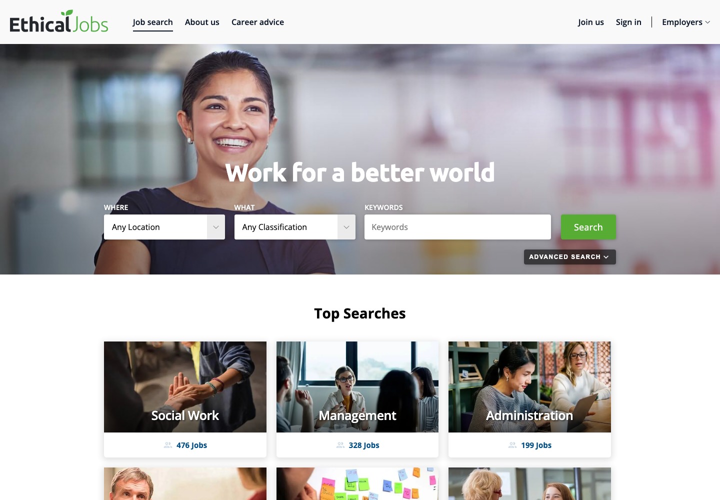 EthicalJobs Australia job search page