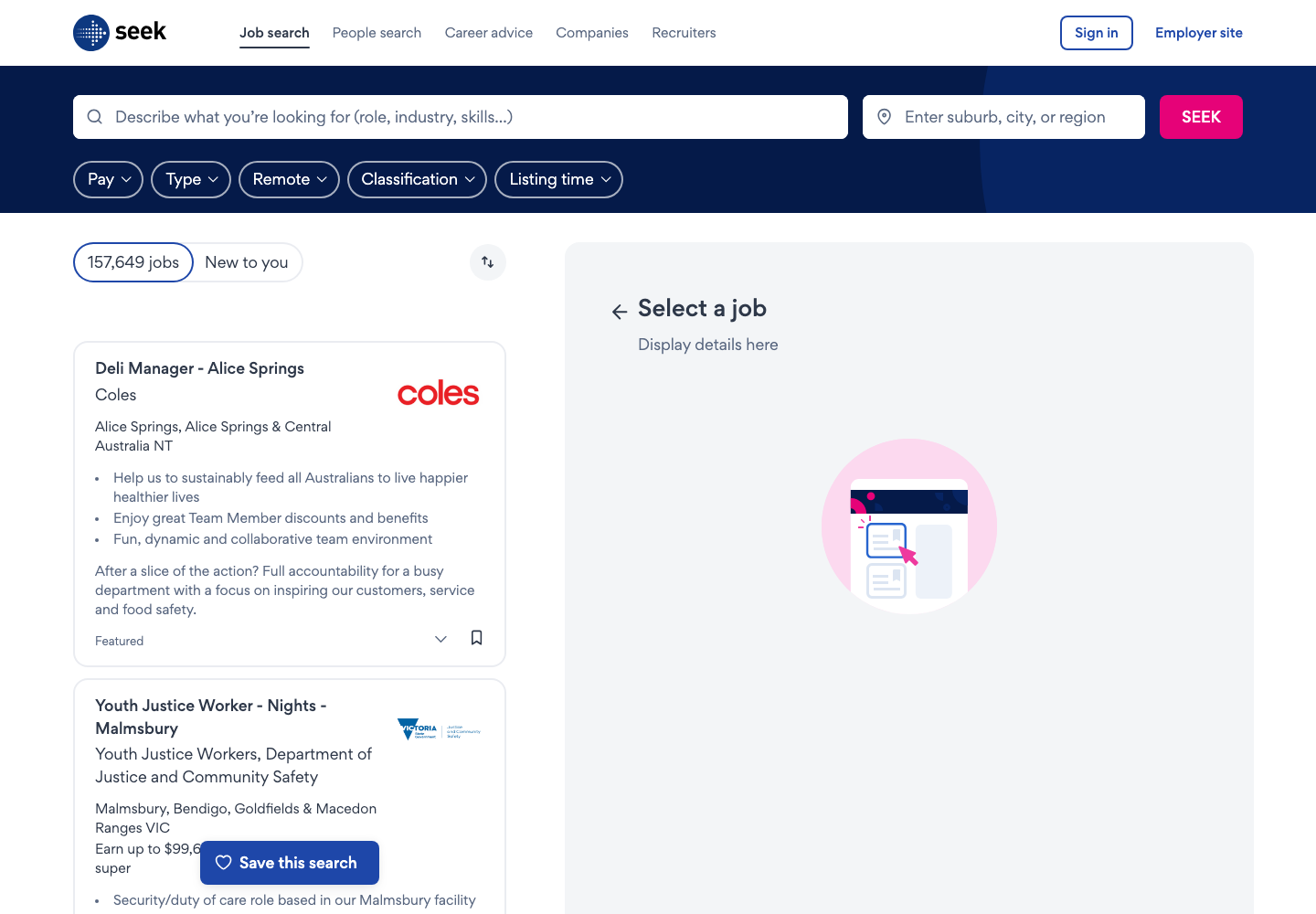 SEEK graduate jobs search page
