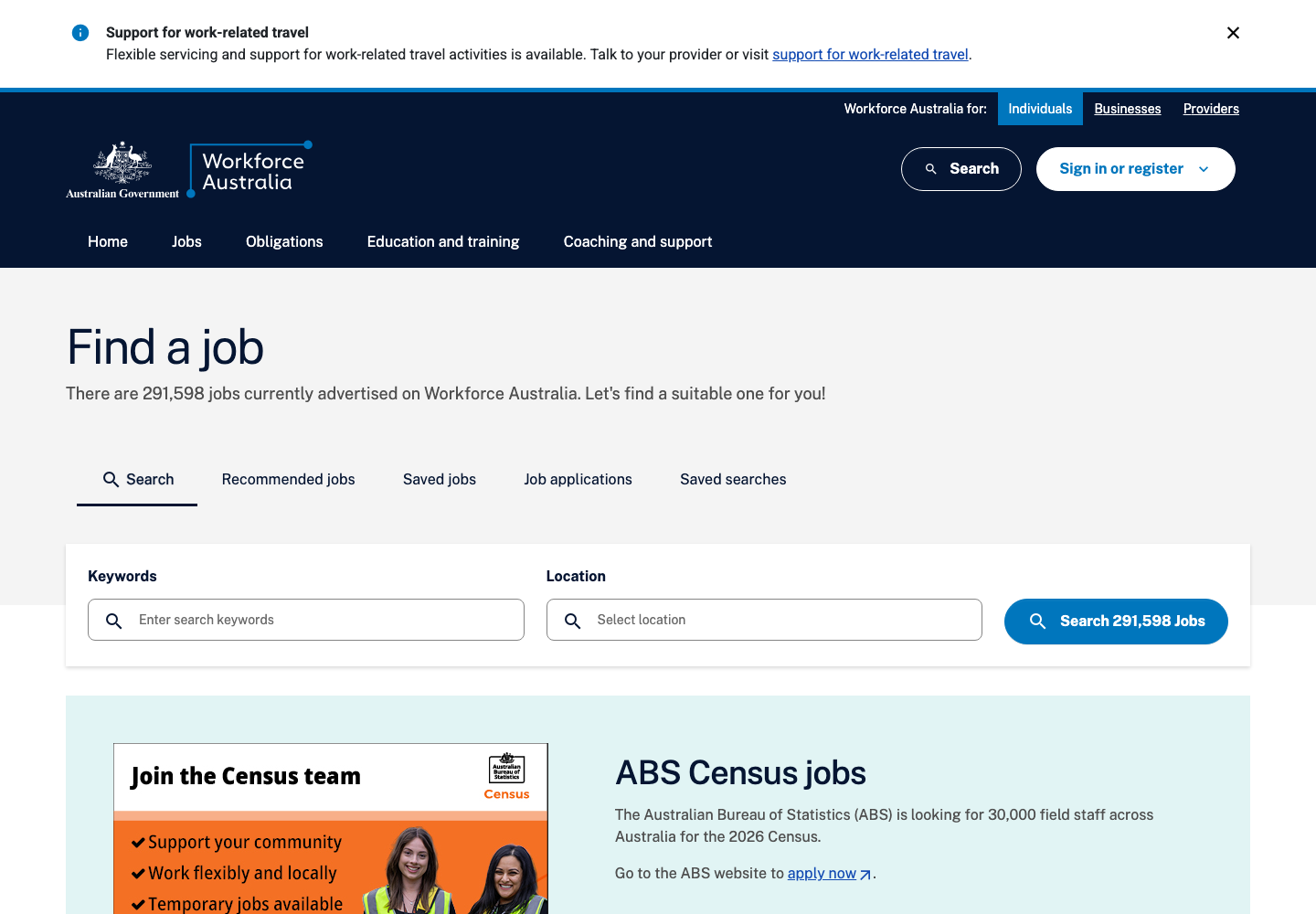 Workforce Australia job search page