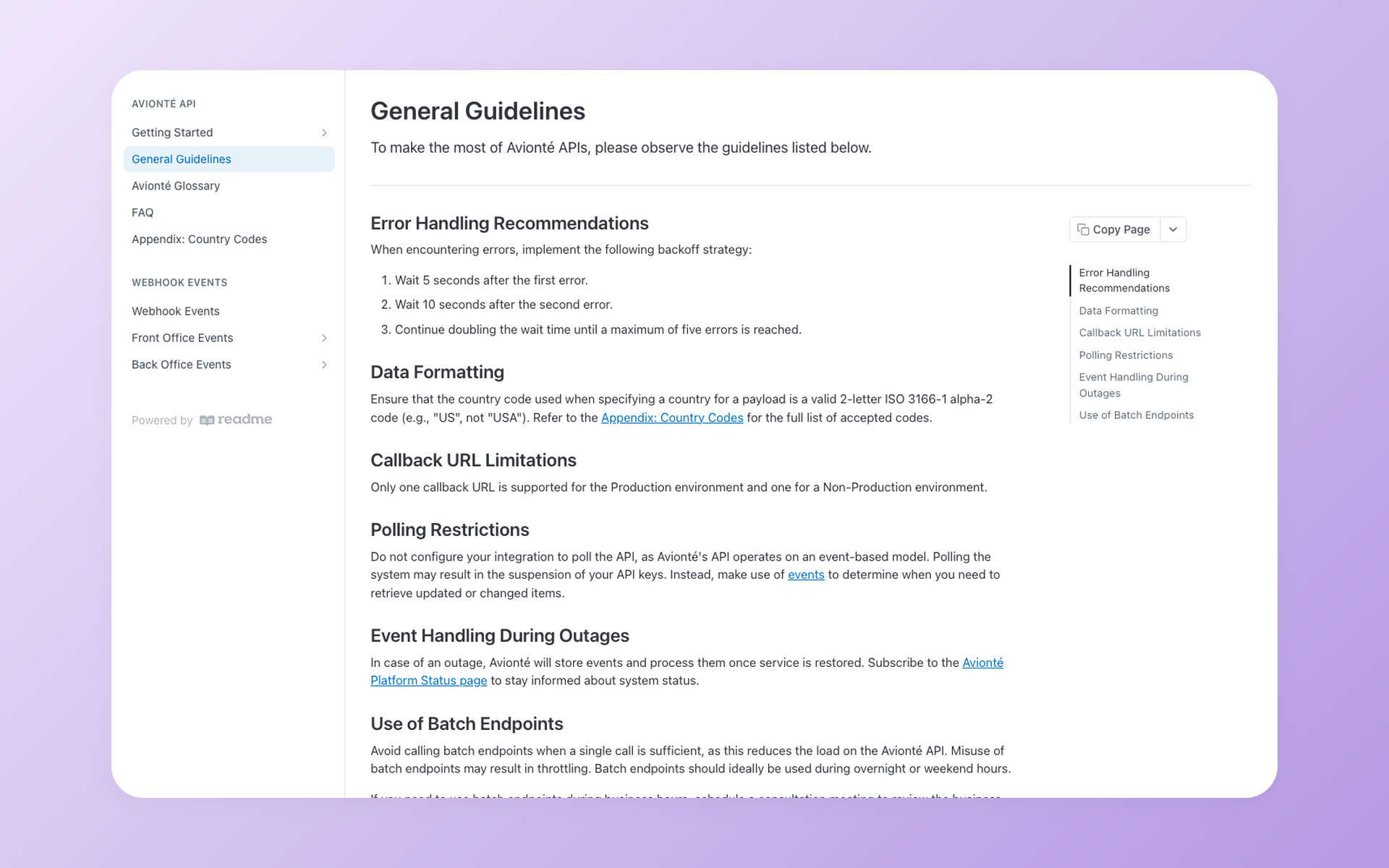 Avionte API general guidelines covering polling, callbacks, and retry planning