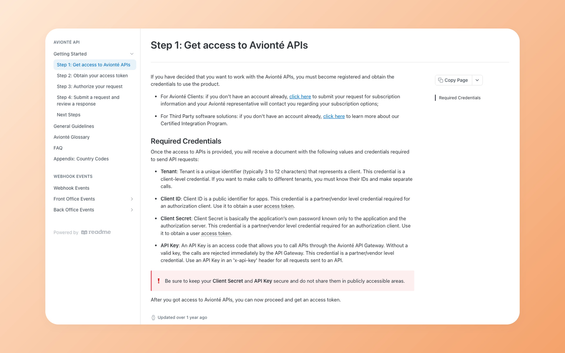 Avionte API getting started documentation with access and credential steps