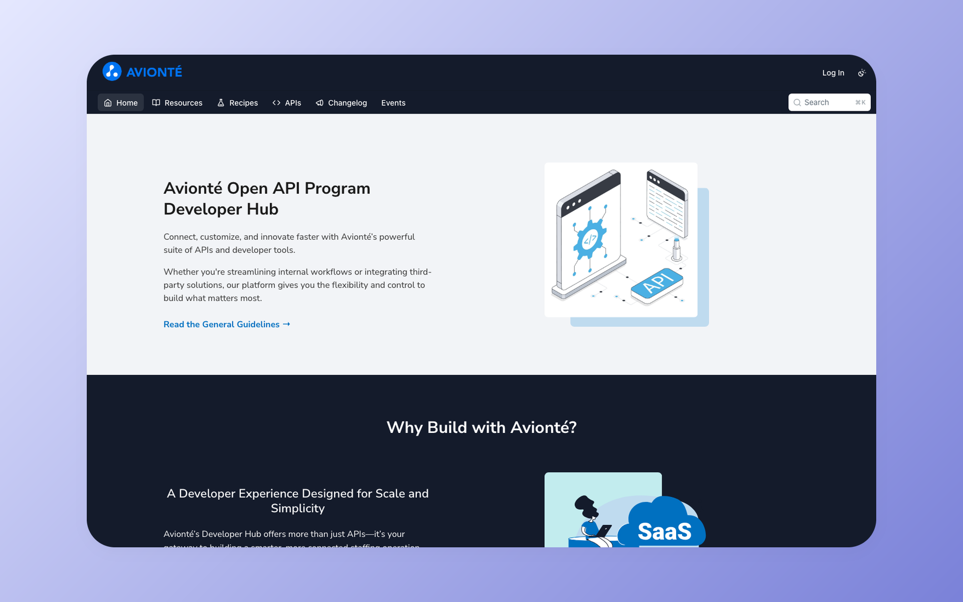 Avionte Developer Hub with getting started and API reference navigation