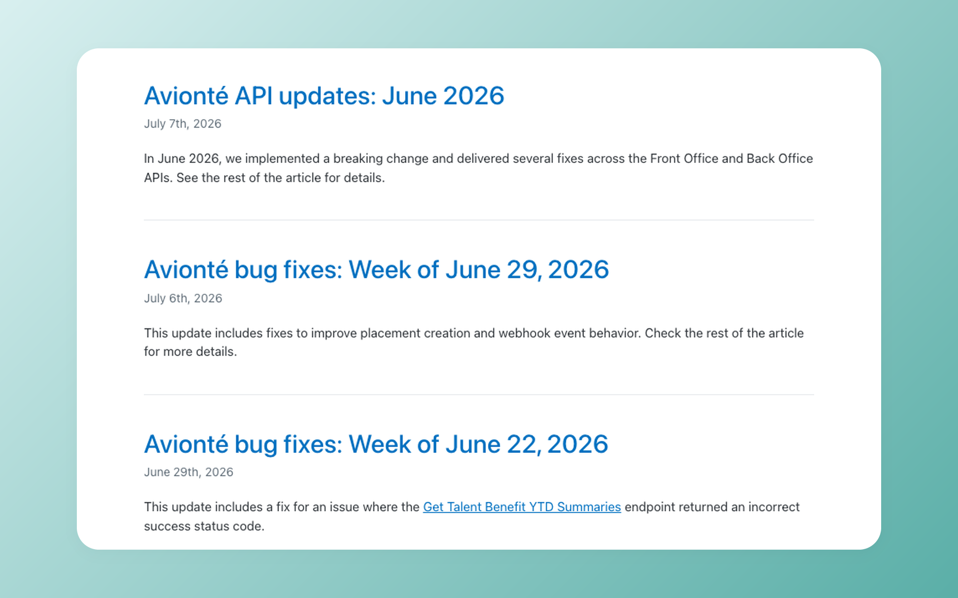 Avionte API changelog showing separate Front Office and Back Office API surfaces