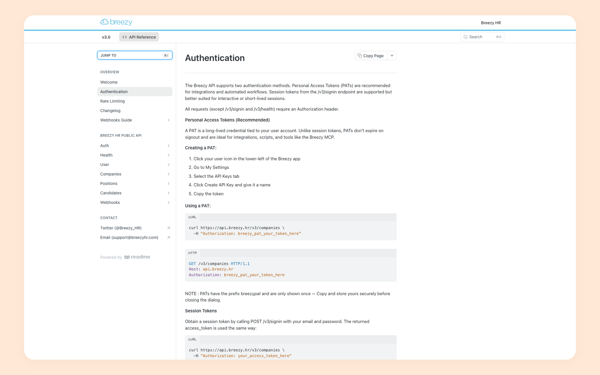 Breezy HR developer documentation Authentication page showing Personal Access Token steps and a curl example