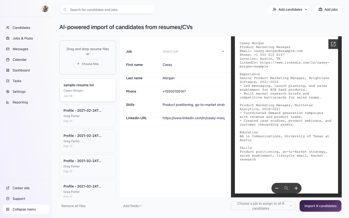 AI-powered bulk resume upload screen: drag and drop resumes, AI parses candidate fields