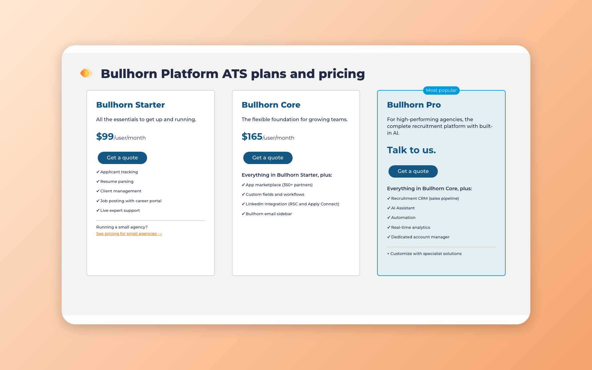 Bullhorn ATS plan packaging screenshot
