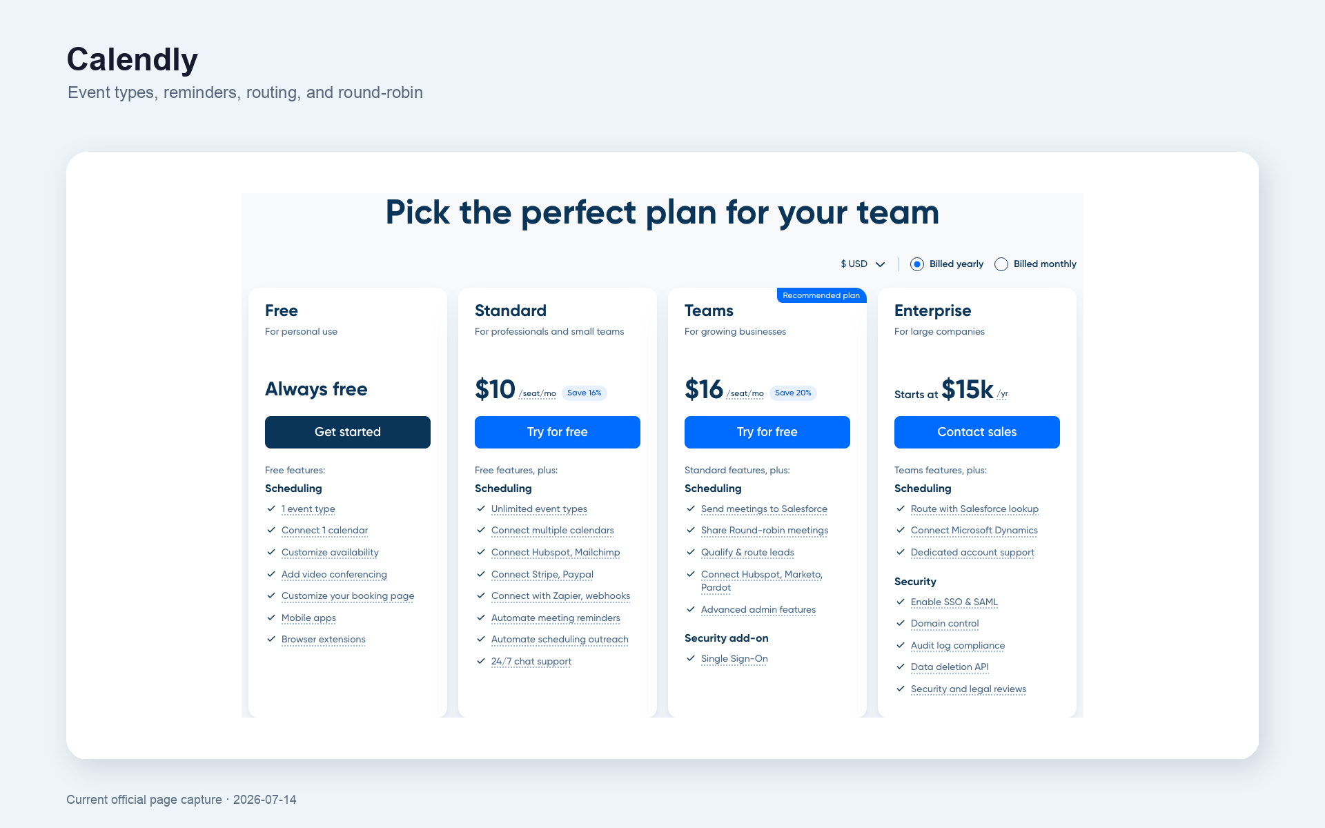 Calendly pricing page showing Free, Standard, Teams, and Enterprise scheduling plans