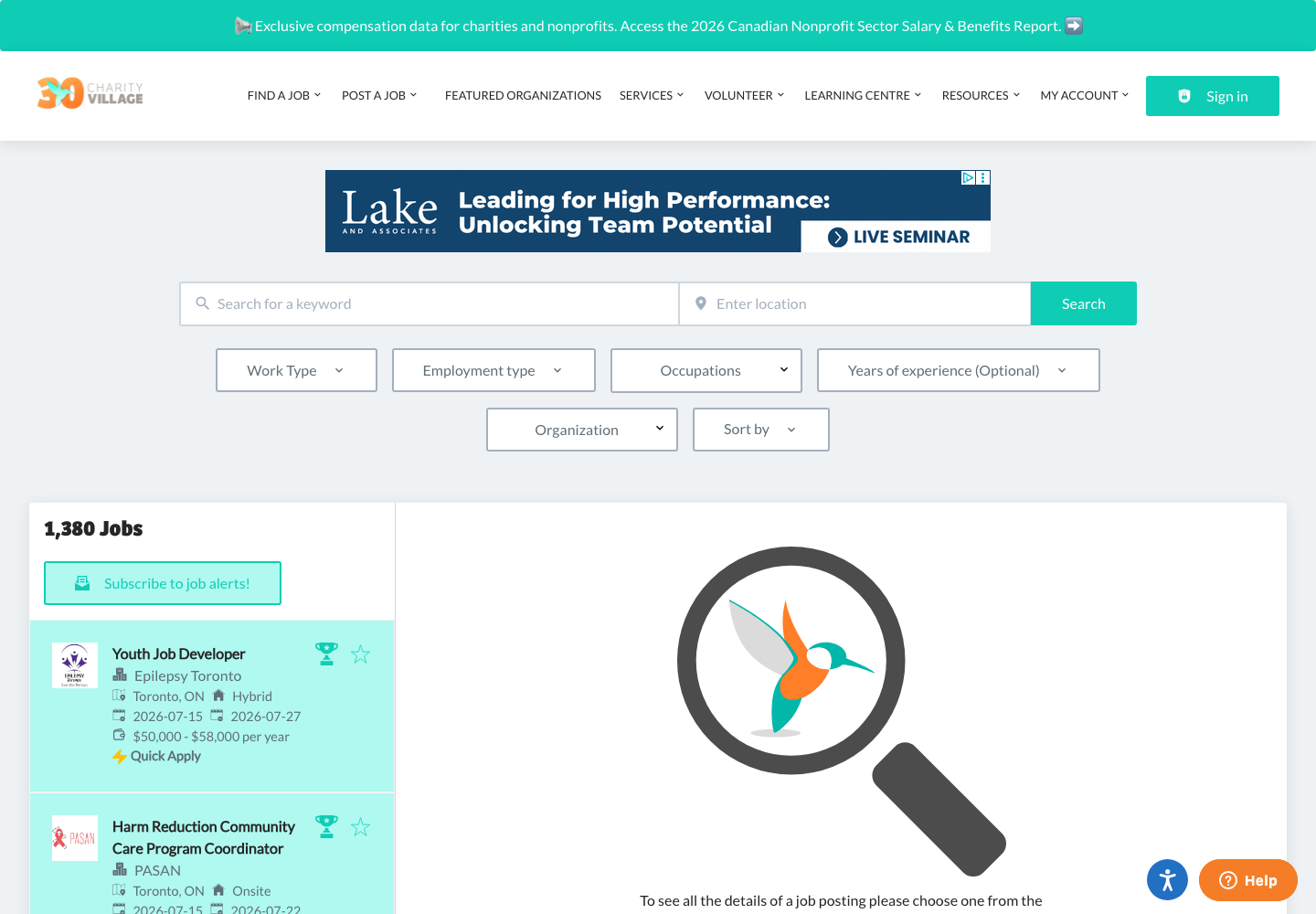 CharityVillage nonprofit job search results