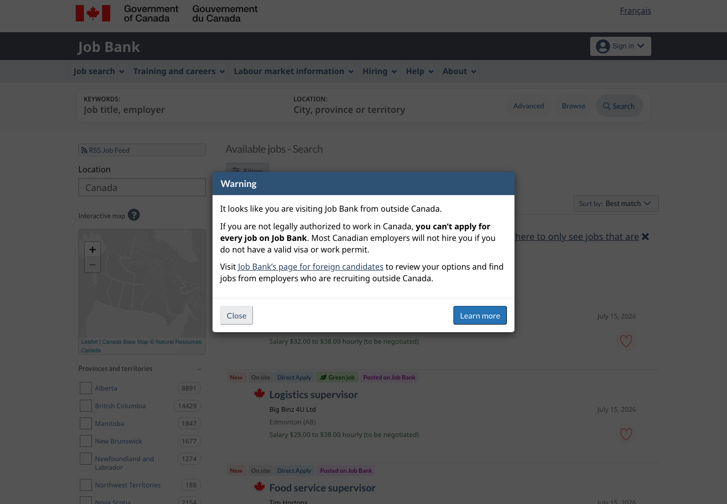 Job Bank Canada job search results page
