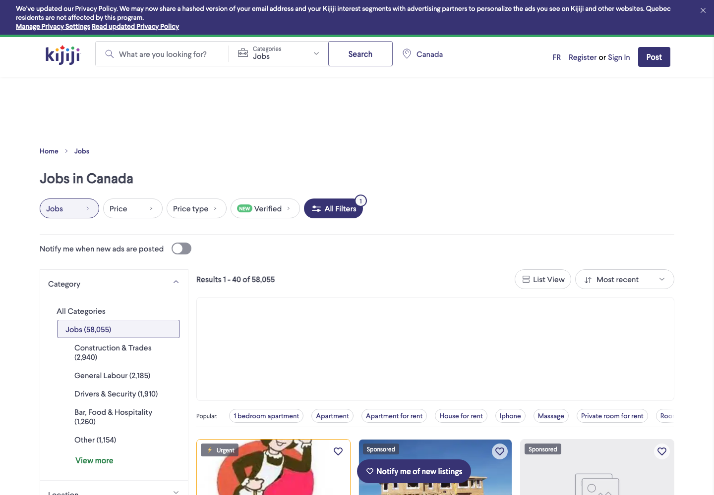 Kijiji Canada jobs category page