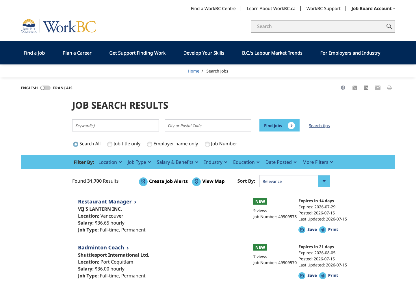WorkBC job search results page