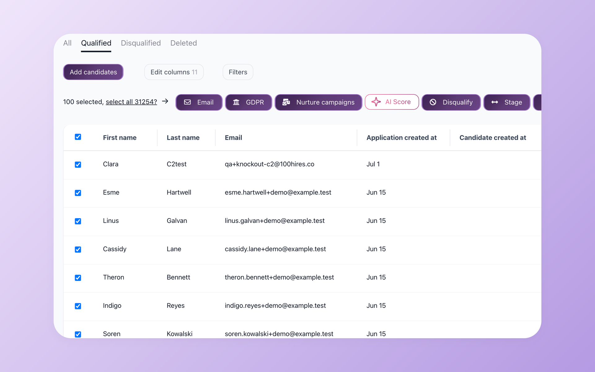 100Hires candidate list with Talent Pool filters and AI Score column