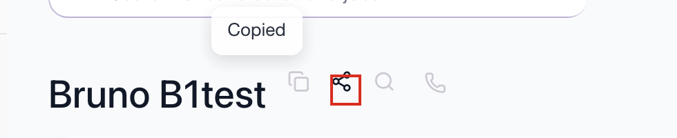 Candidate profile header with the share icon highlighted, showing a Copied confirmation