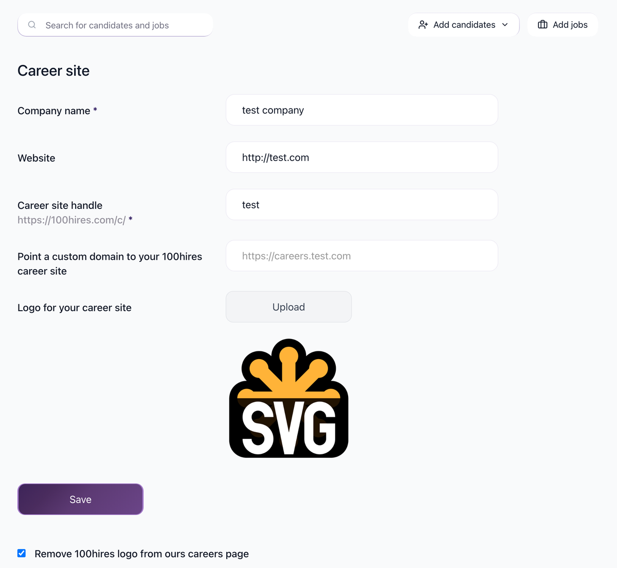 Career site branding settings with company name, website, handle, custom domain, and logo upload