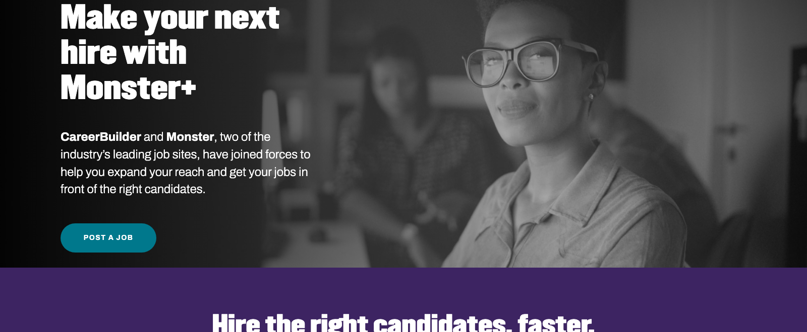 CareerBuilder and Monster homepage showing 'Make your next hire with Monster+' after the 2024 CareerBuilder-Monster merger