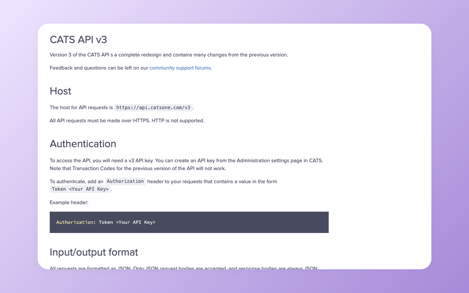 CATS API v3 reference showing the API host, Token authentication, and JSON request format