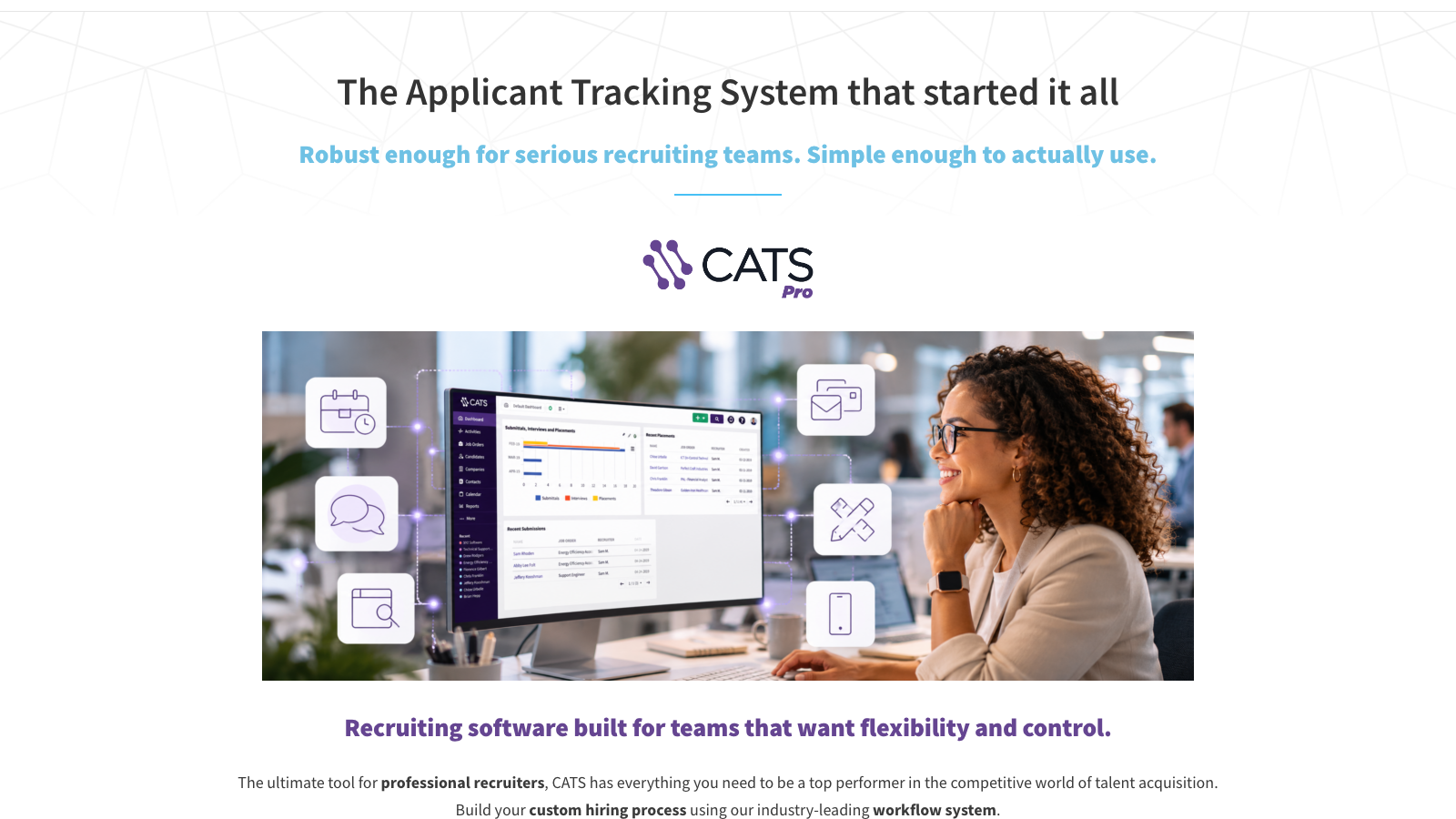 CATS product page showing its professional recruiter ATS positioning and product interface