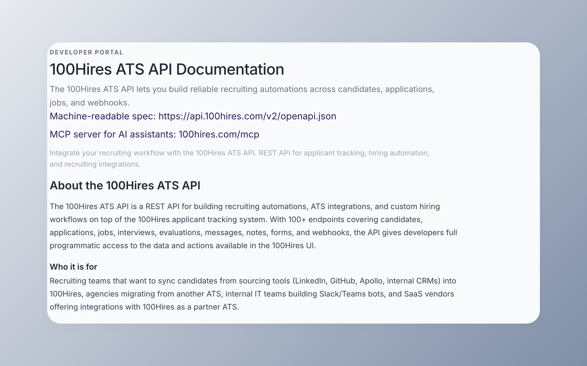 100Hires API documentation showing the public OpenAPI specification link