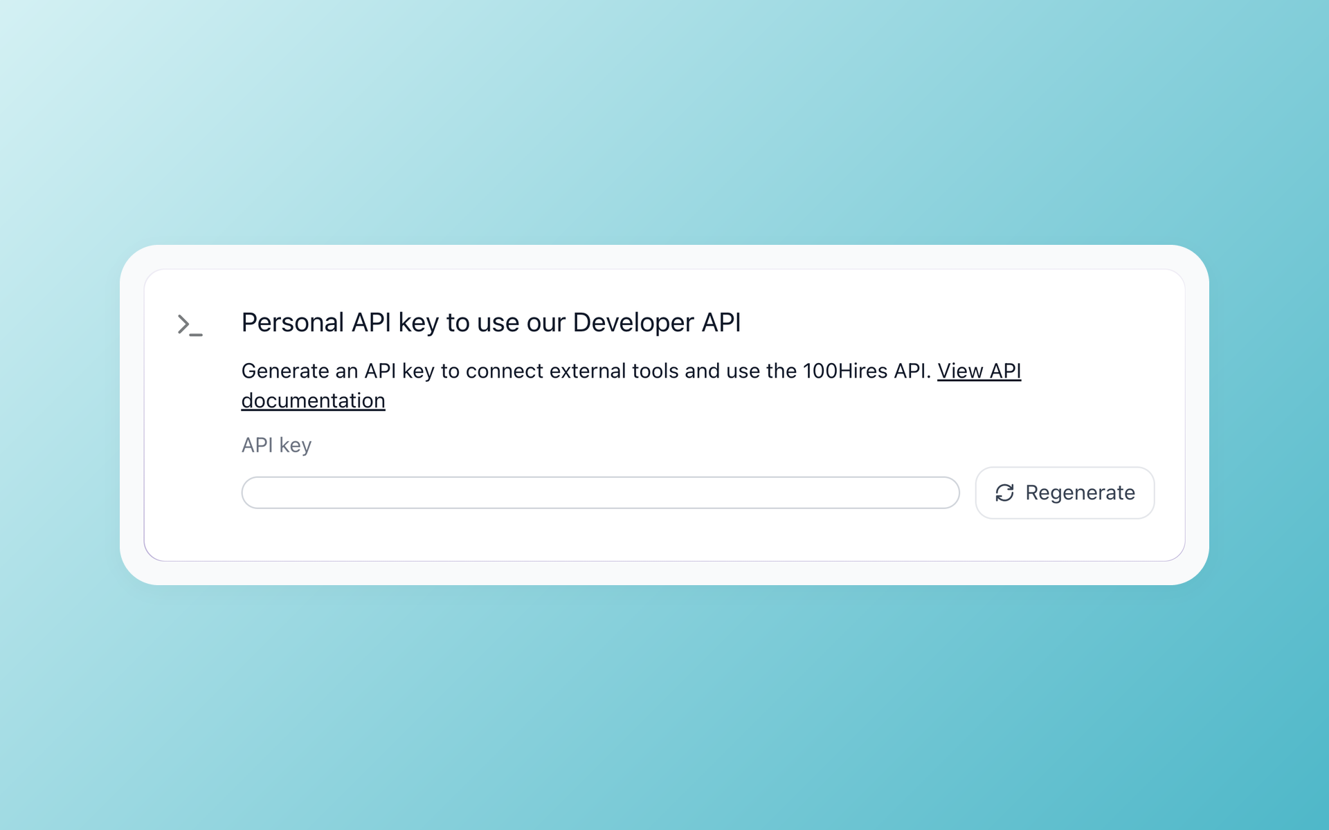 100Hires Developer API key panel with an empty credential field