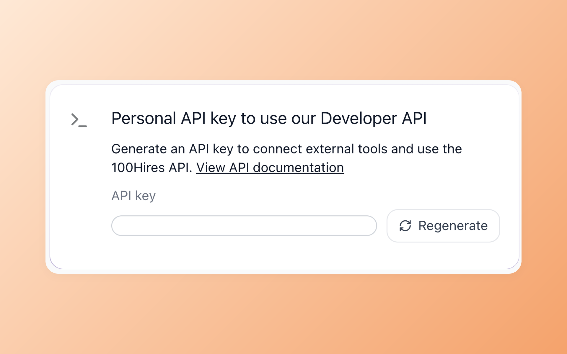 100Hires Personal API key settings panel with an empty credential field