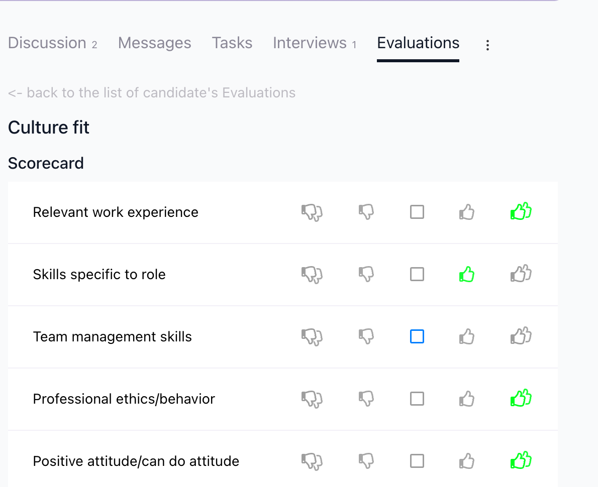 Completed structured evaluation form scorecard with rated criteria