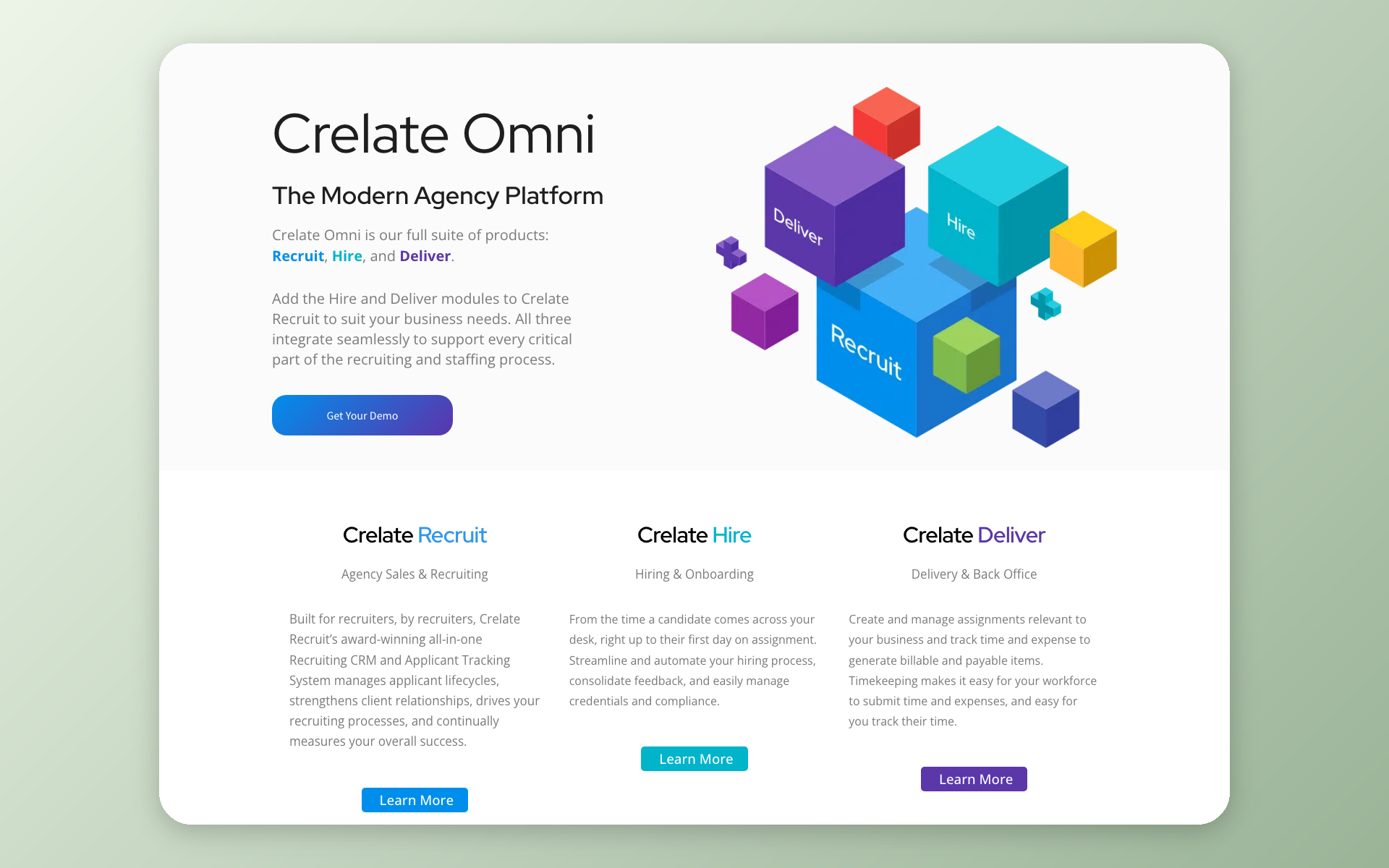 Crelate packaging showing Recruit, Hire, Deliver, and the Omni suite