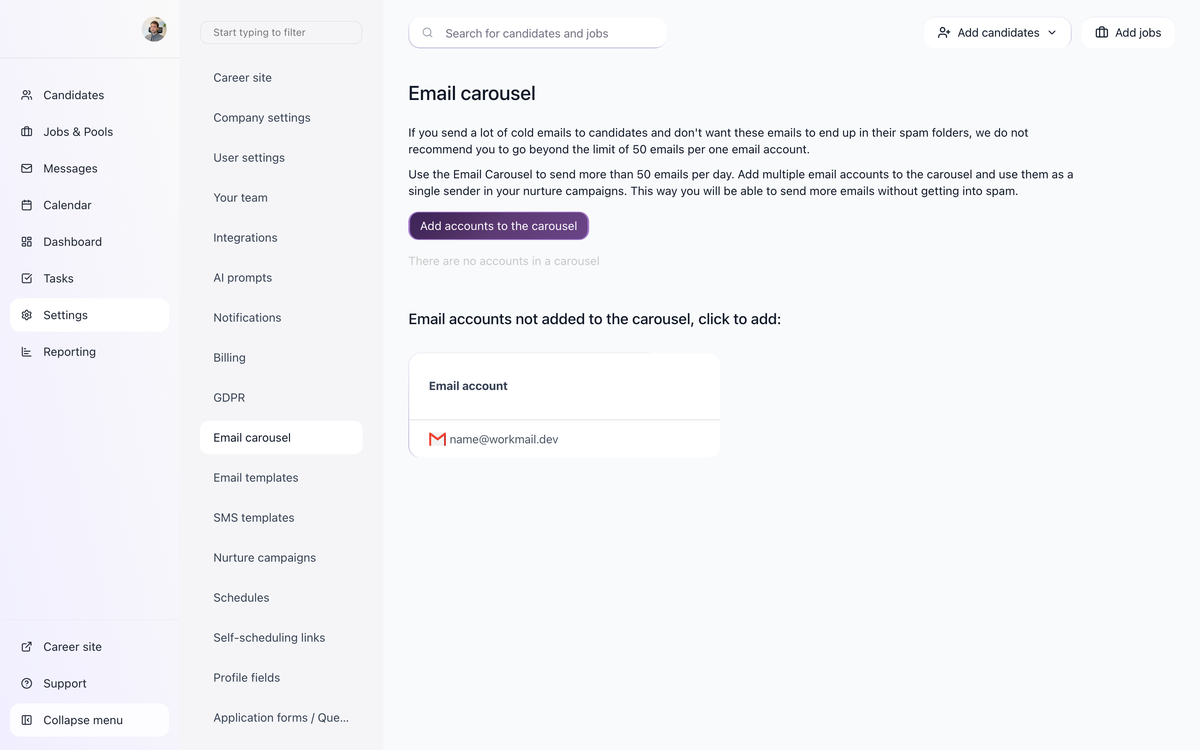 Email Carousel settings page with Add accounts to the carousel button