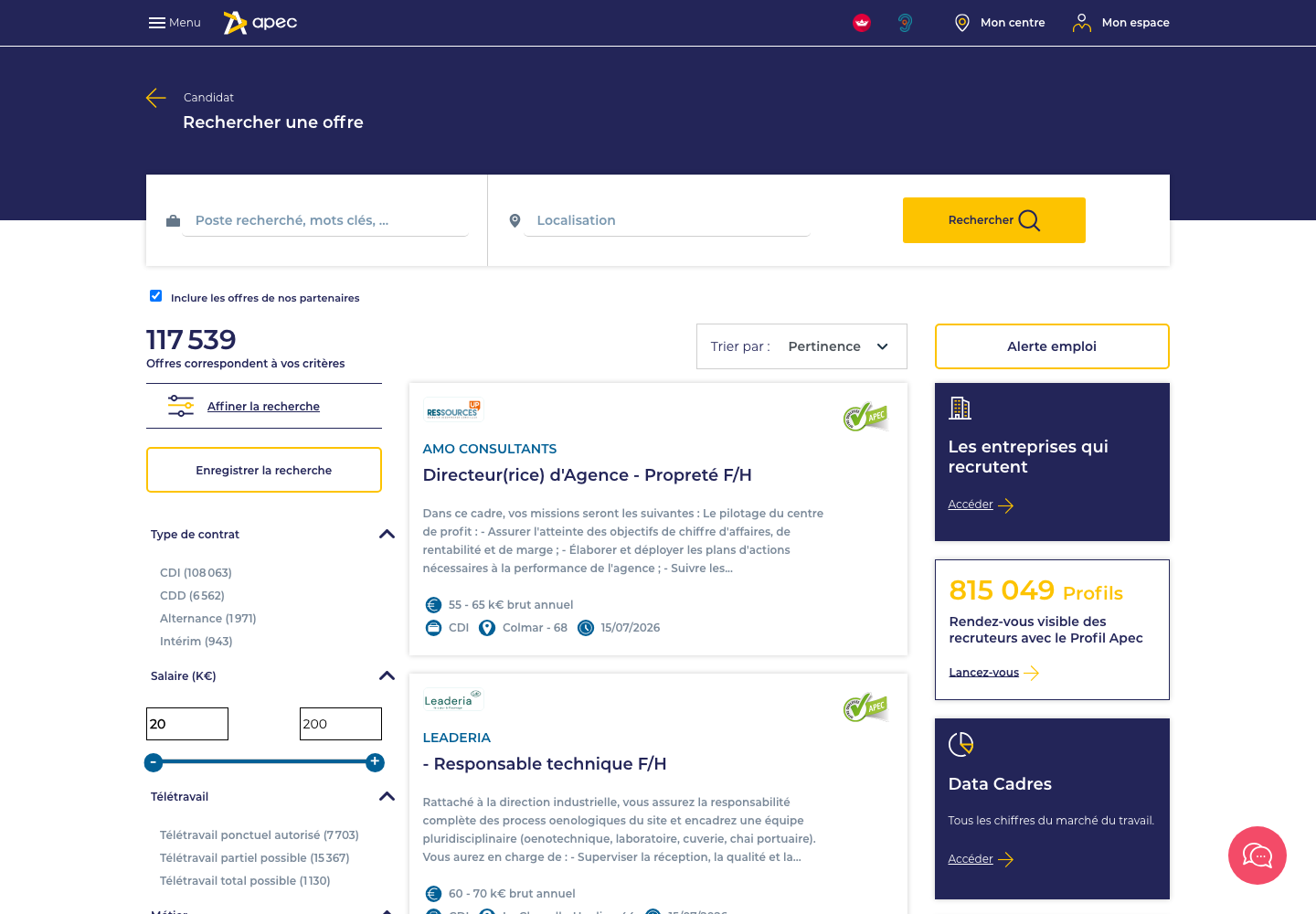 APEC France executive job search page