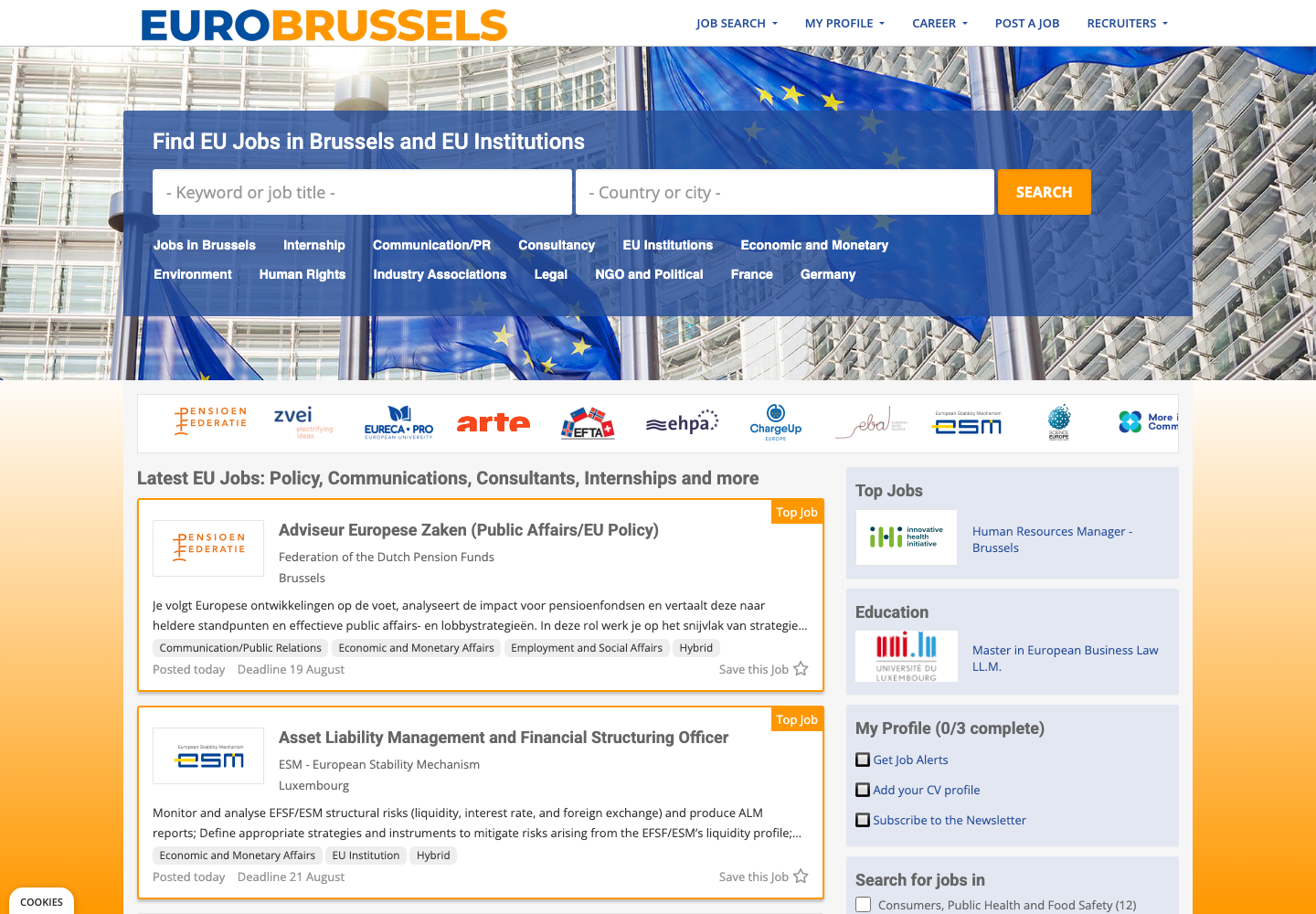 EuroBrussels EU affairs jobs page