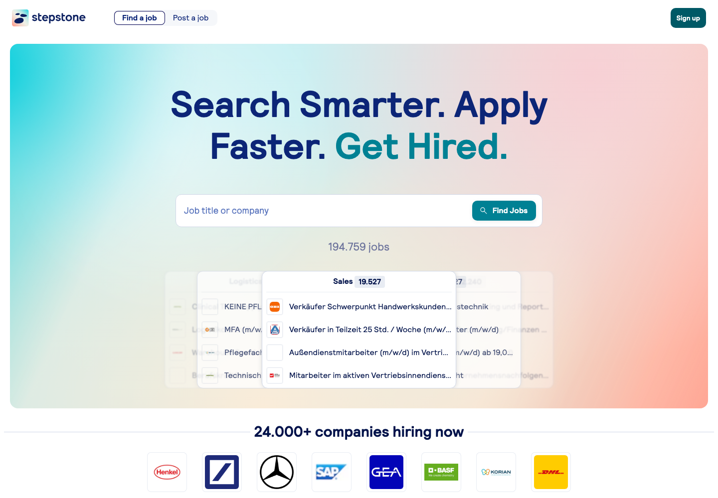 StepStone Europe job search page