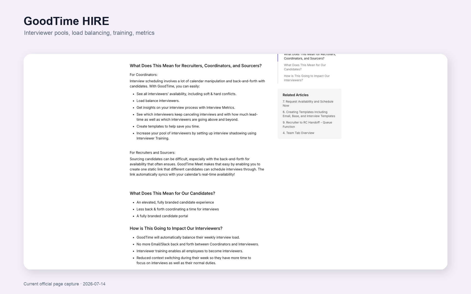 GoodTime HIRE help page showing interviewer availability, load balancing, training, and Interview Metrics