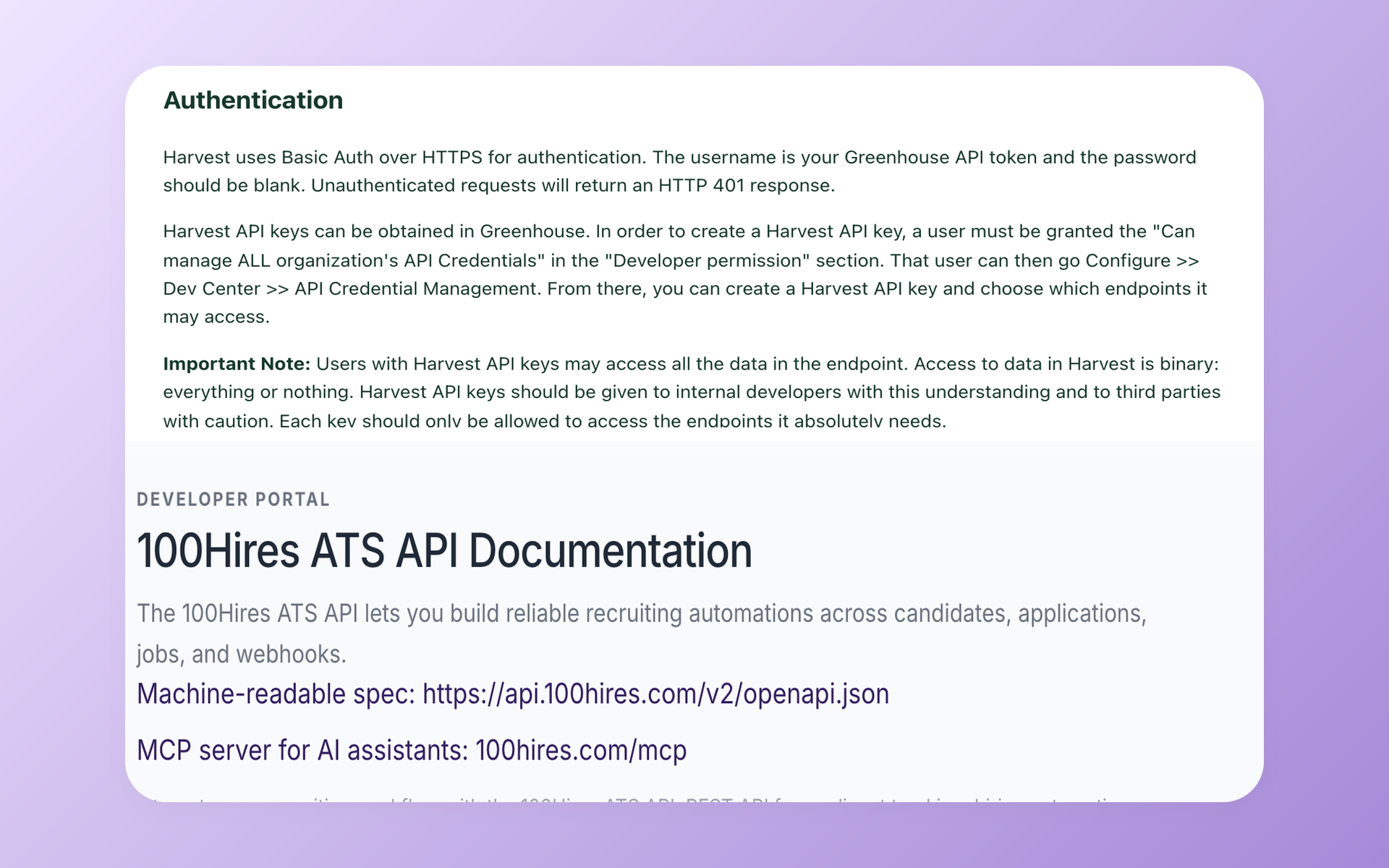 Greenhouse Harvest API documentation compared with 100Hires API documentation
