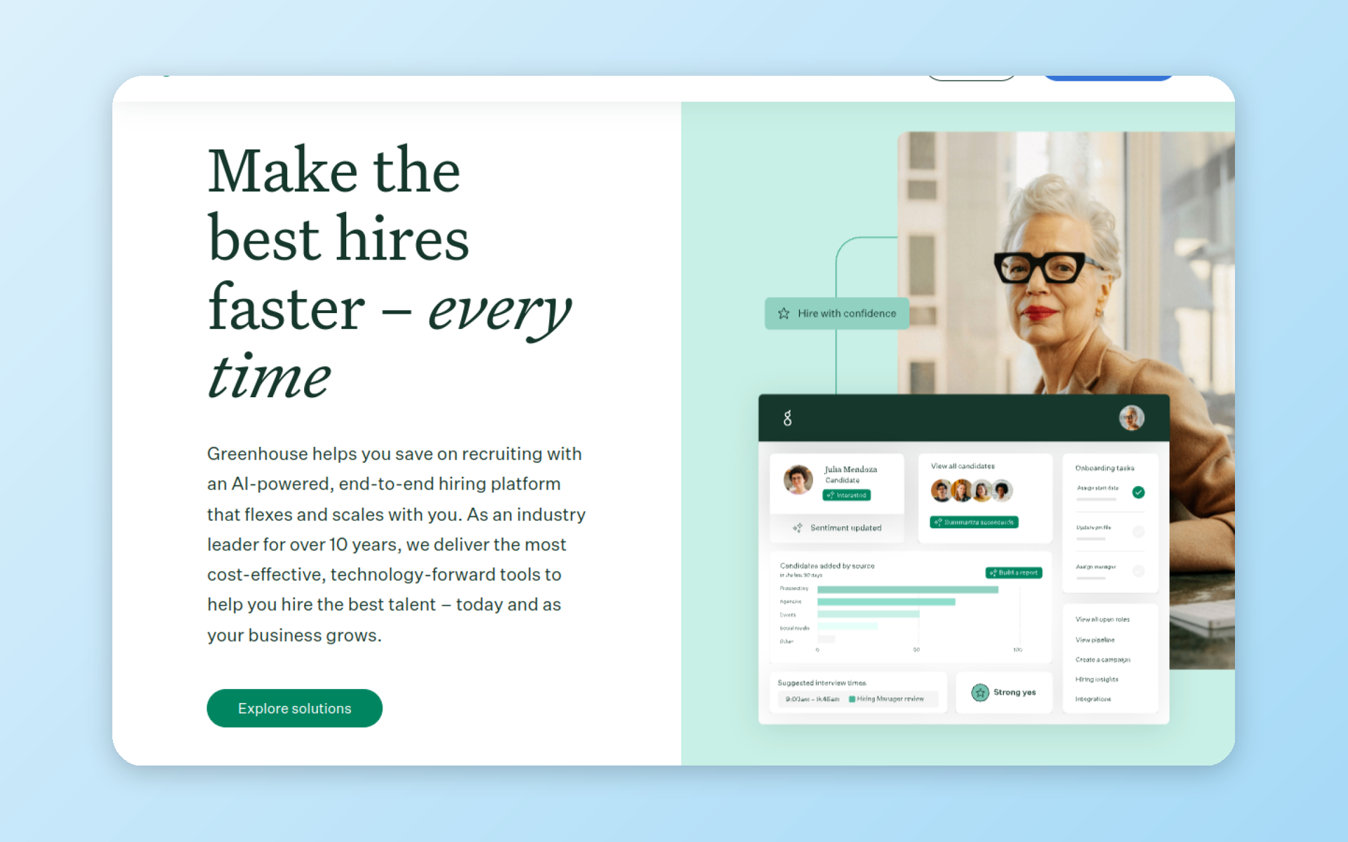 Greenhouse recruiting platform page showing structured hiring and analytics
