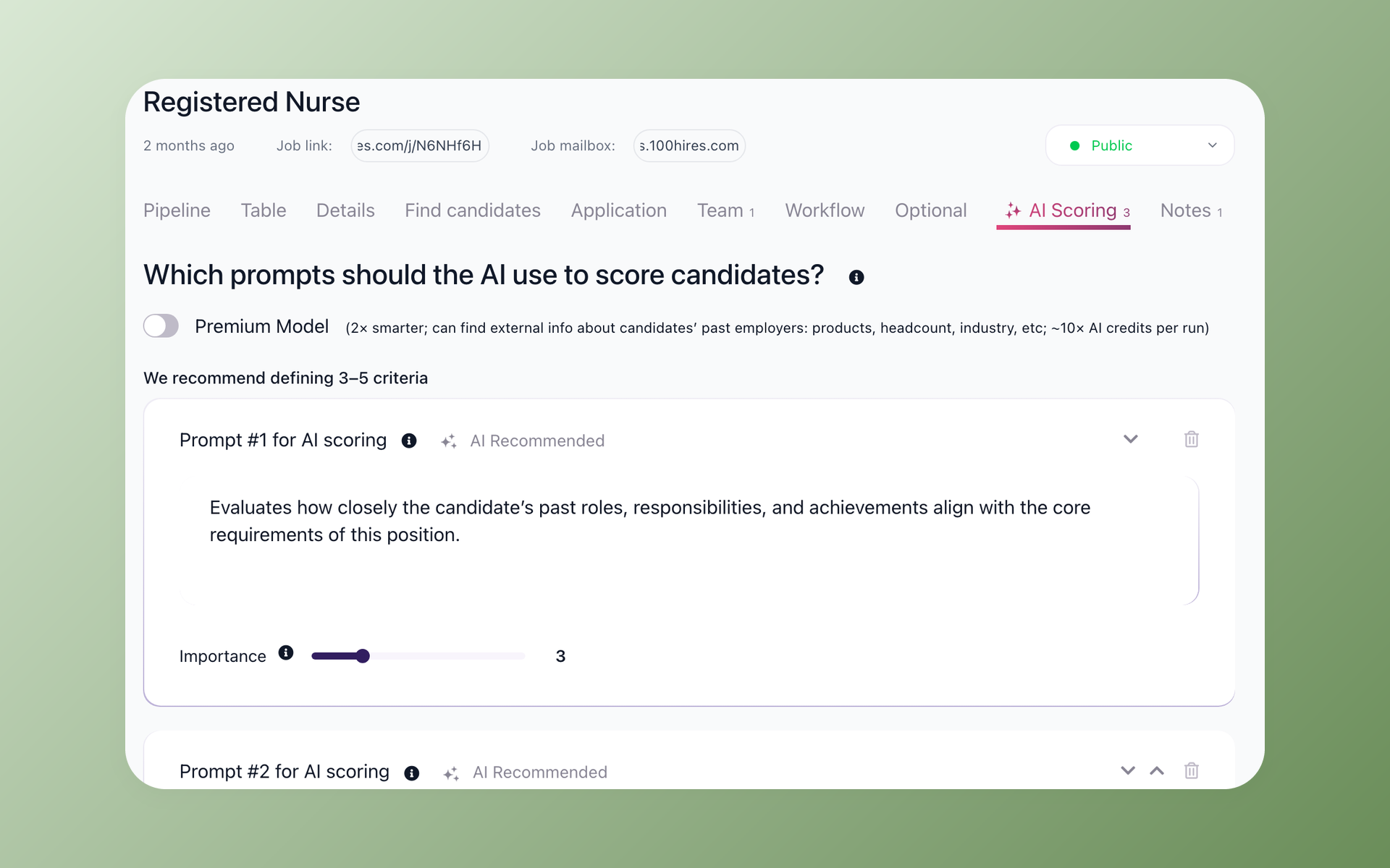 AI scoring setup for a Registered Nurse job in 100Hires with scoring prompts and importance sliders