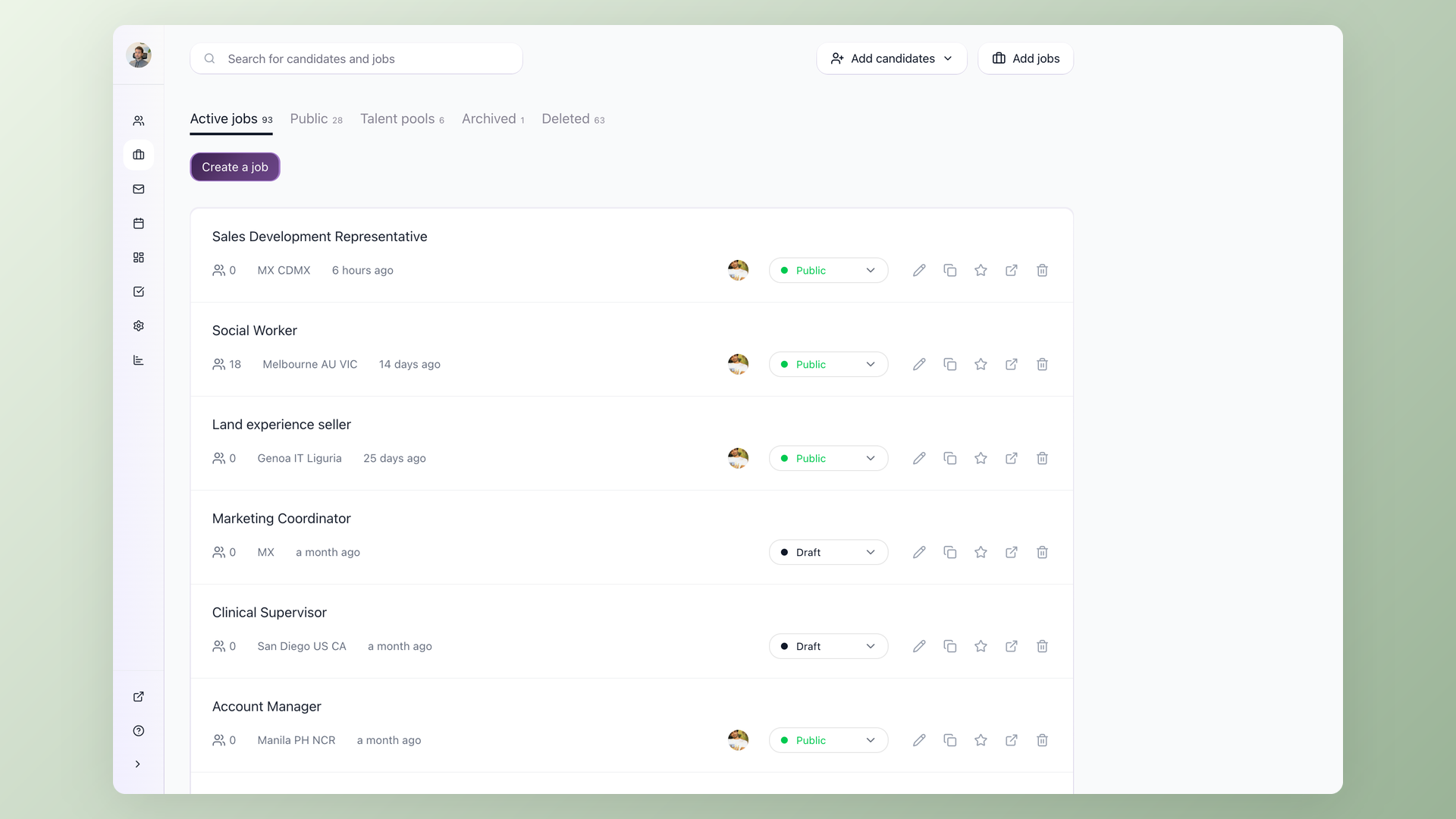 100Hires jobs dashboard showing open roles and candidate pipeline counts for a staffing agency team