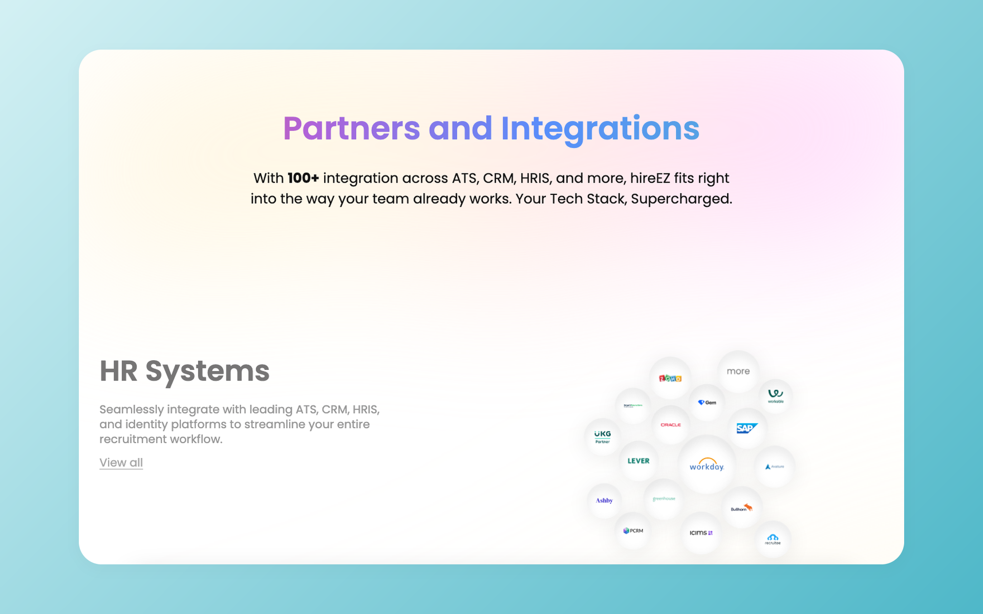 hireEZ Partners page showing its ATS, CRM, and HRIS connector ecosystem