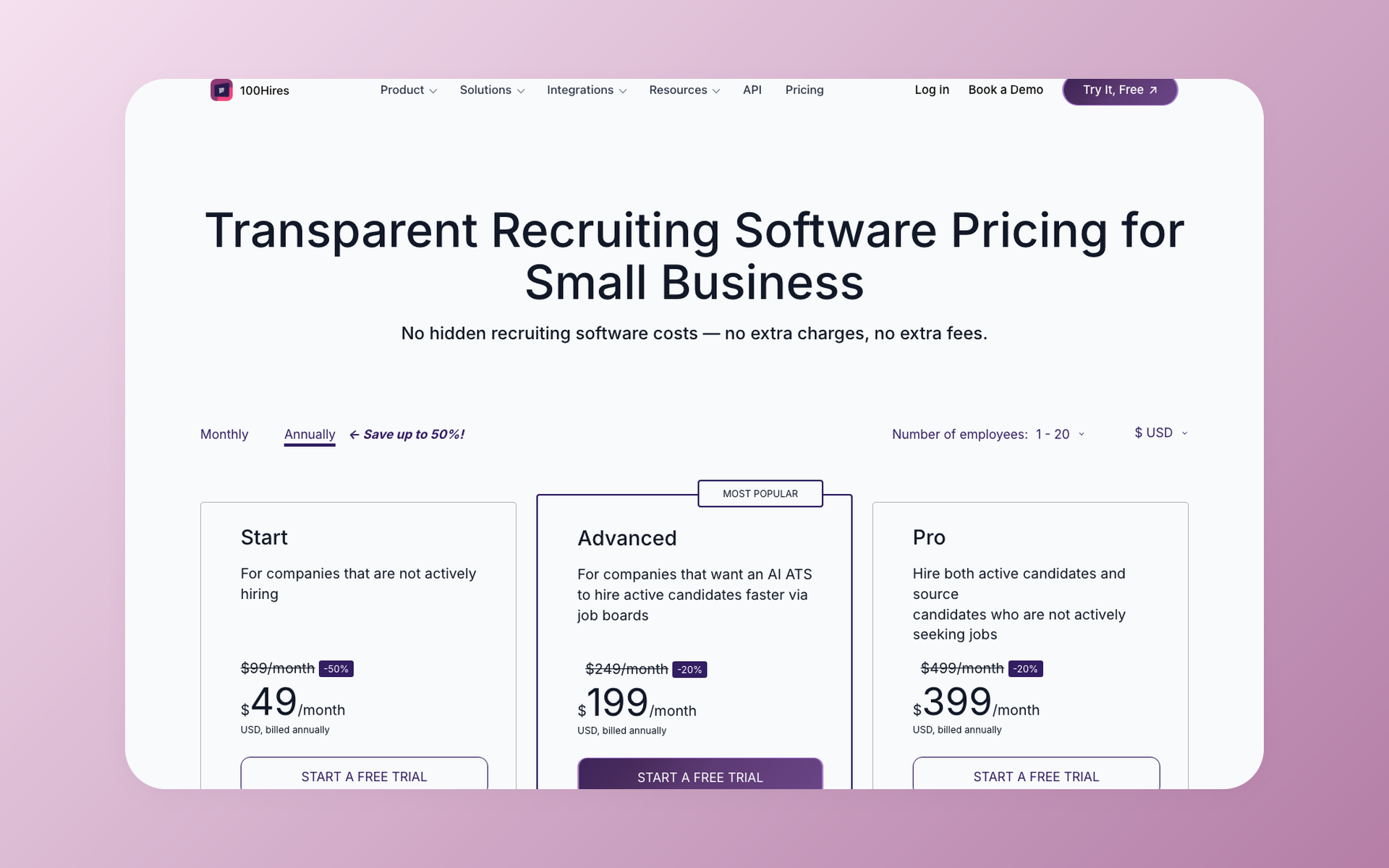 100Hires pricing page showing annual Start, Advanced, and Pro plans in USD