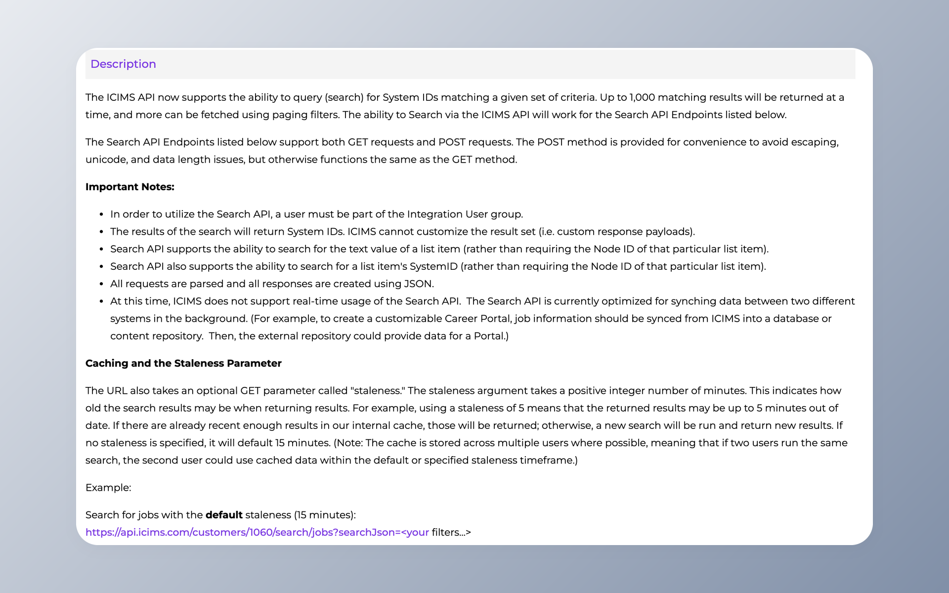 iCIMS Search API documentation explaining background synchronization and staleness