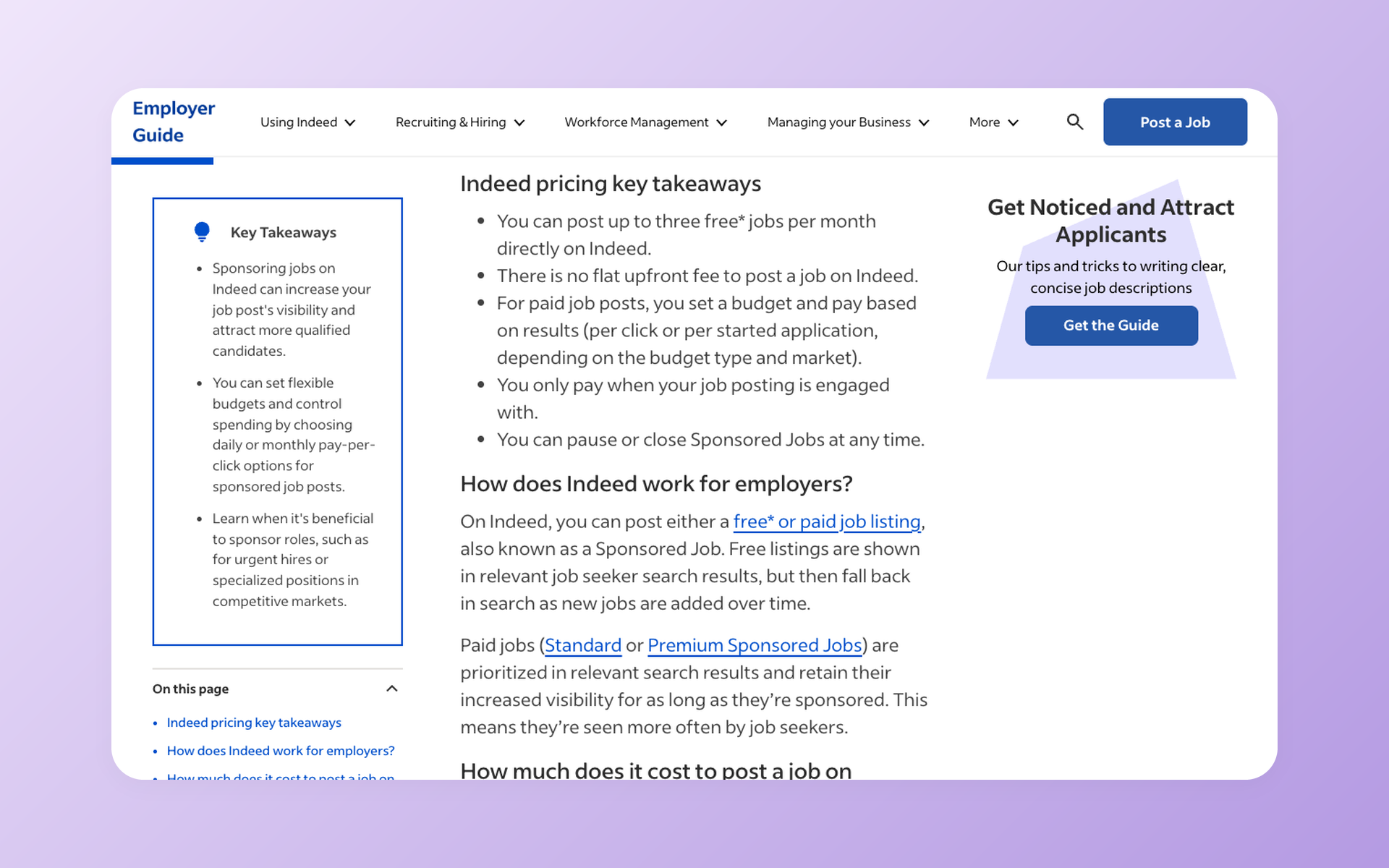 Indeed pricing guide showing free direct posting and sponsored job guidance