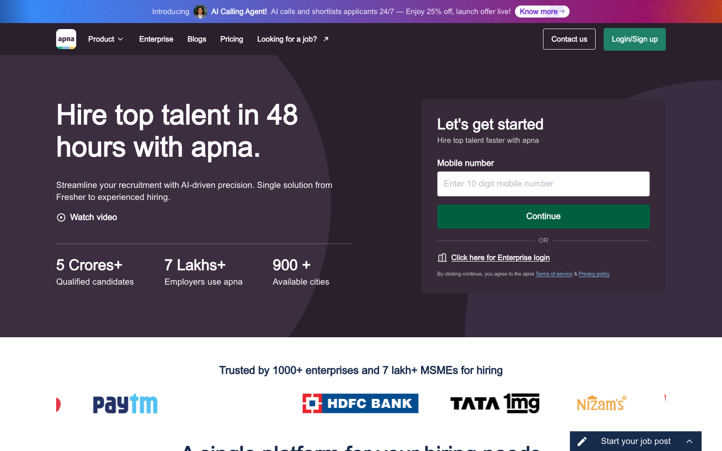 apna employer hiring page showing candidate reach, employer count, and job posting form