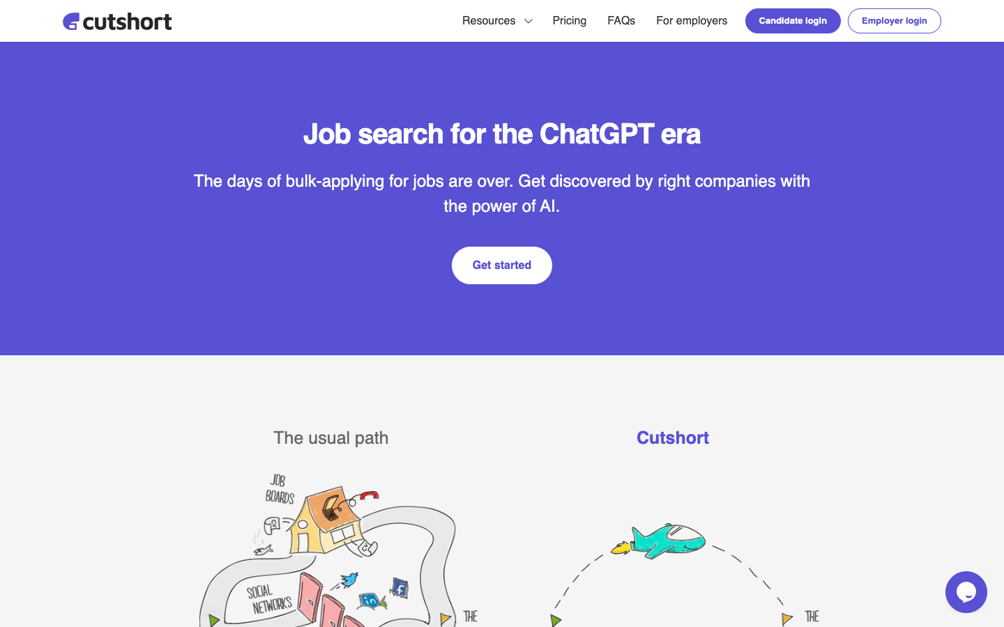 Cutshort homepage showing AI job search and employer login for tech hiring