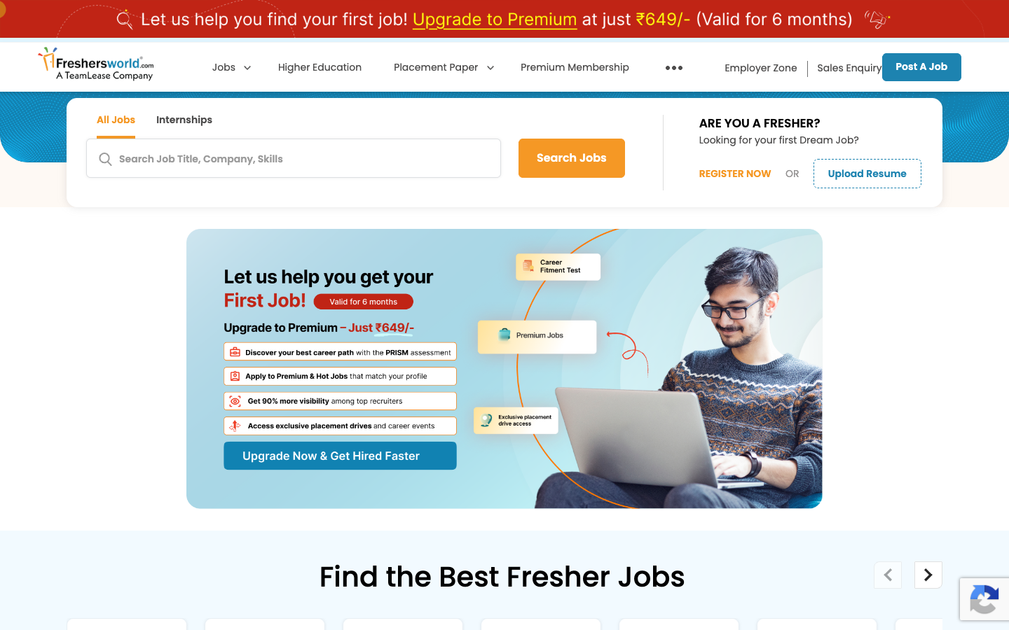Freshersworld job portal homepage for freshers and entry-level hiring in India