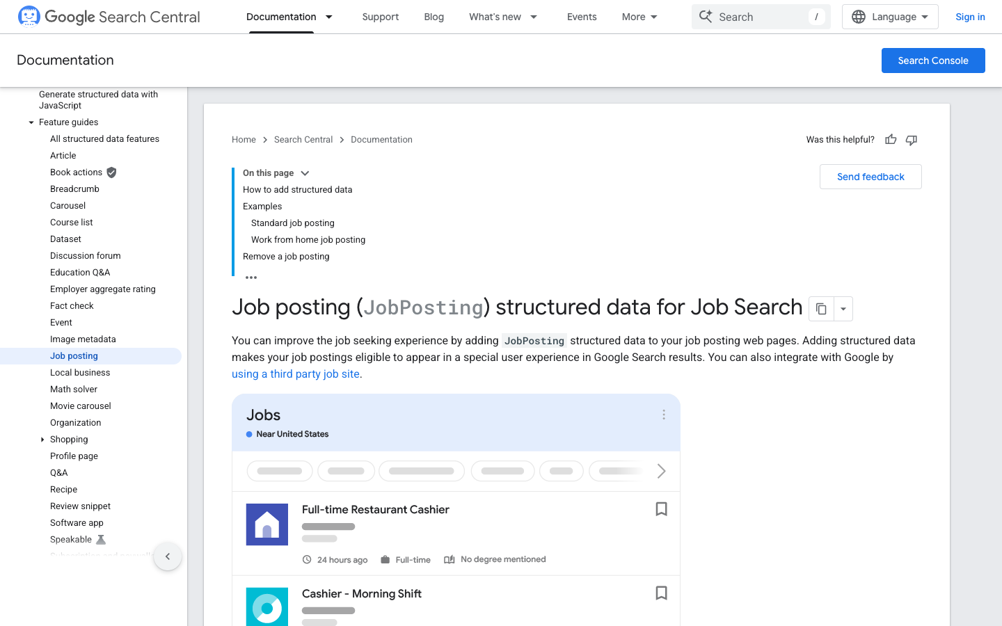 Google Search Central JobPosting structured data documentation with Job Search preview