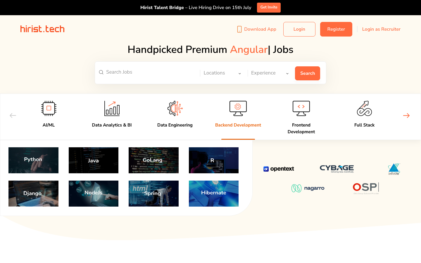 Hirist tech jobs portal homepage for Indian IT roles
