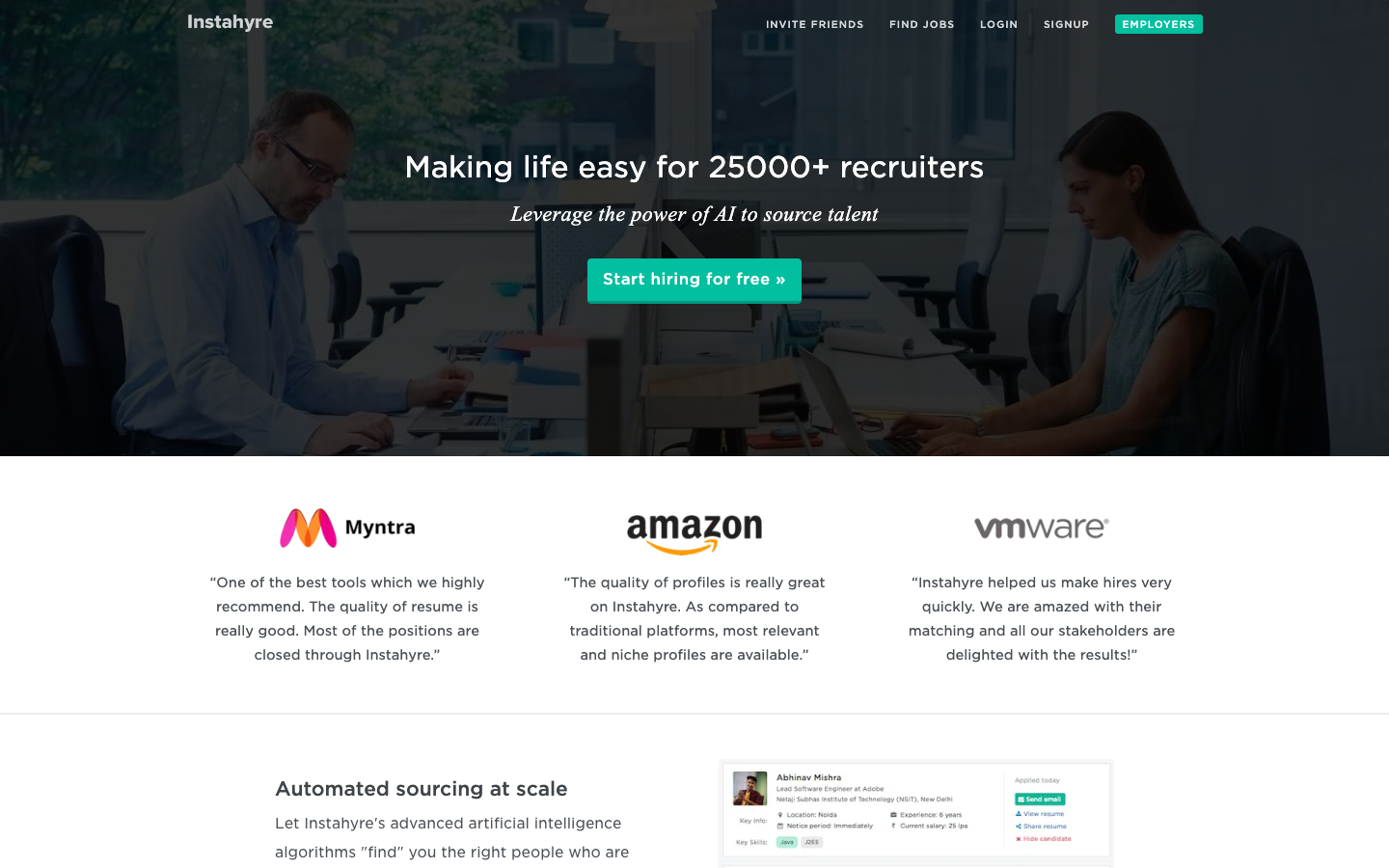 Instahyre employers page for AI-assisted premium talent hiring