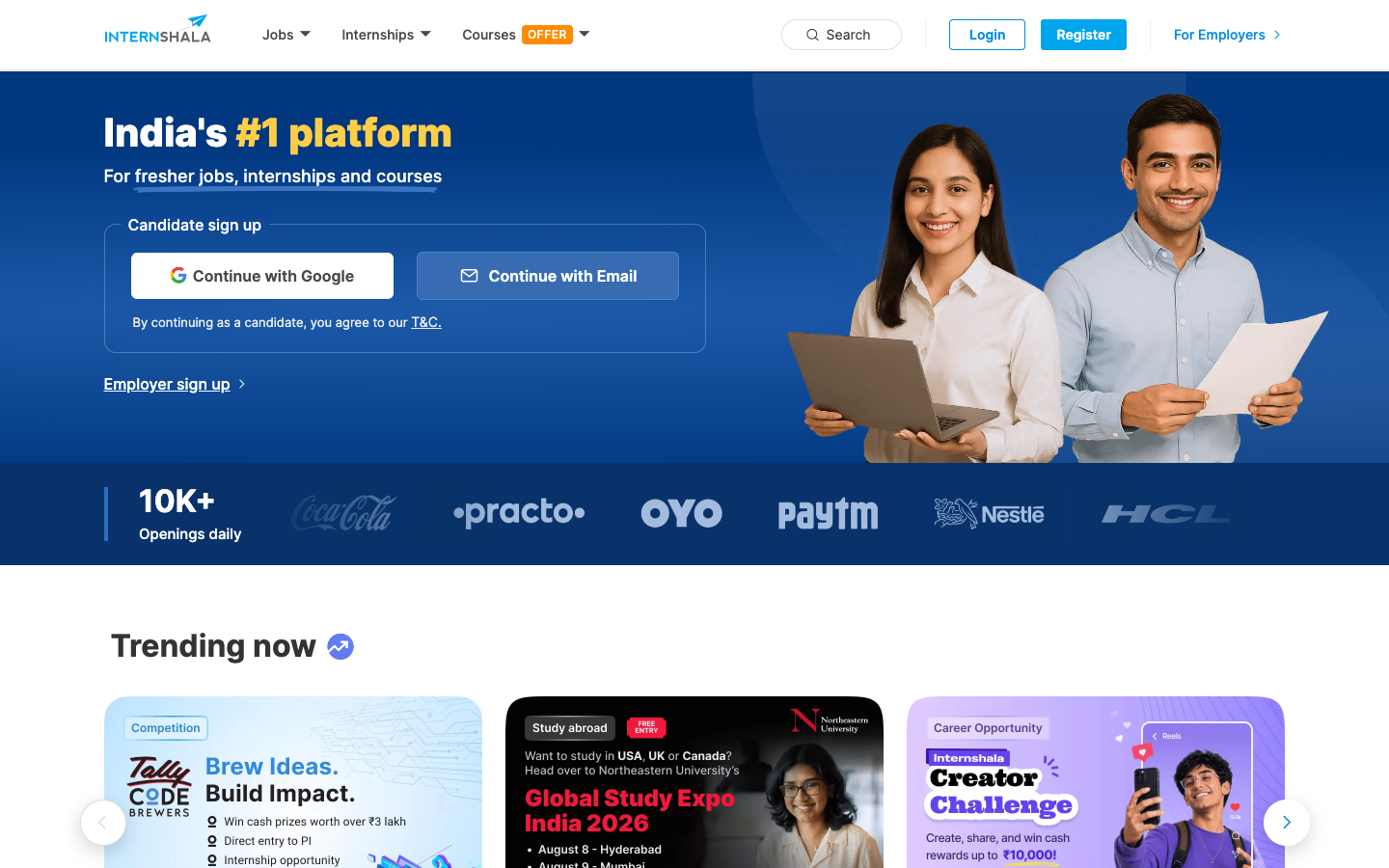 Internshala homepage showing fresher jobs, internships, and employer signup