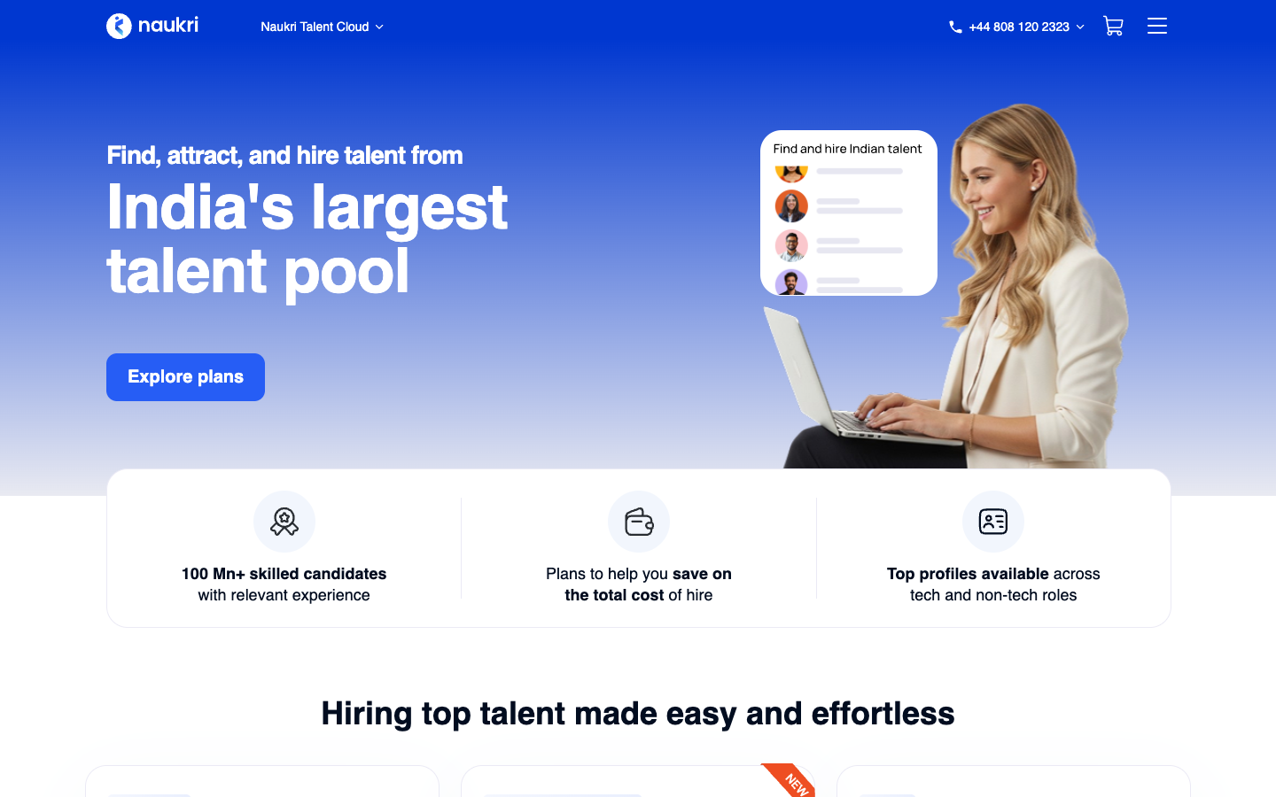 Naukri employer hiring page showing India talent pool and recruiter plans
