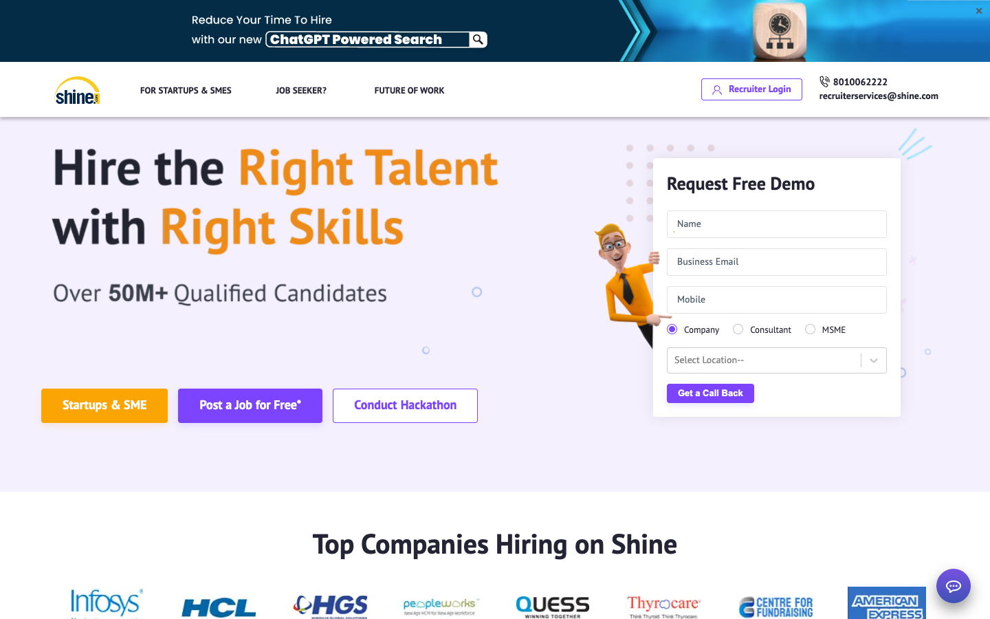 Shine recruiter page showing employer recruitment solutions
